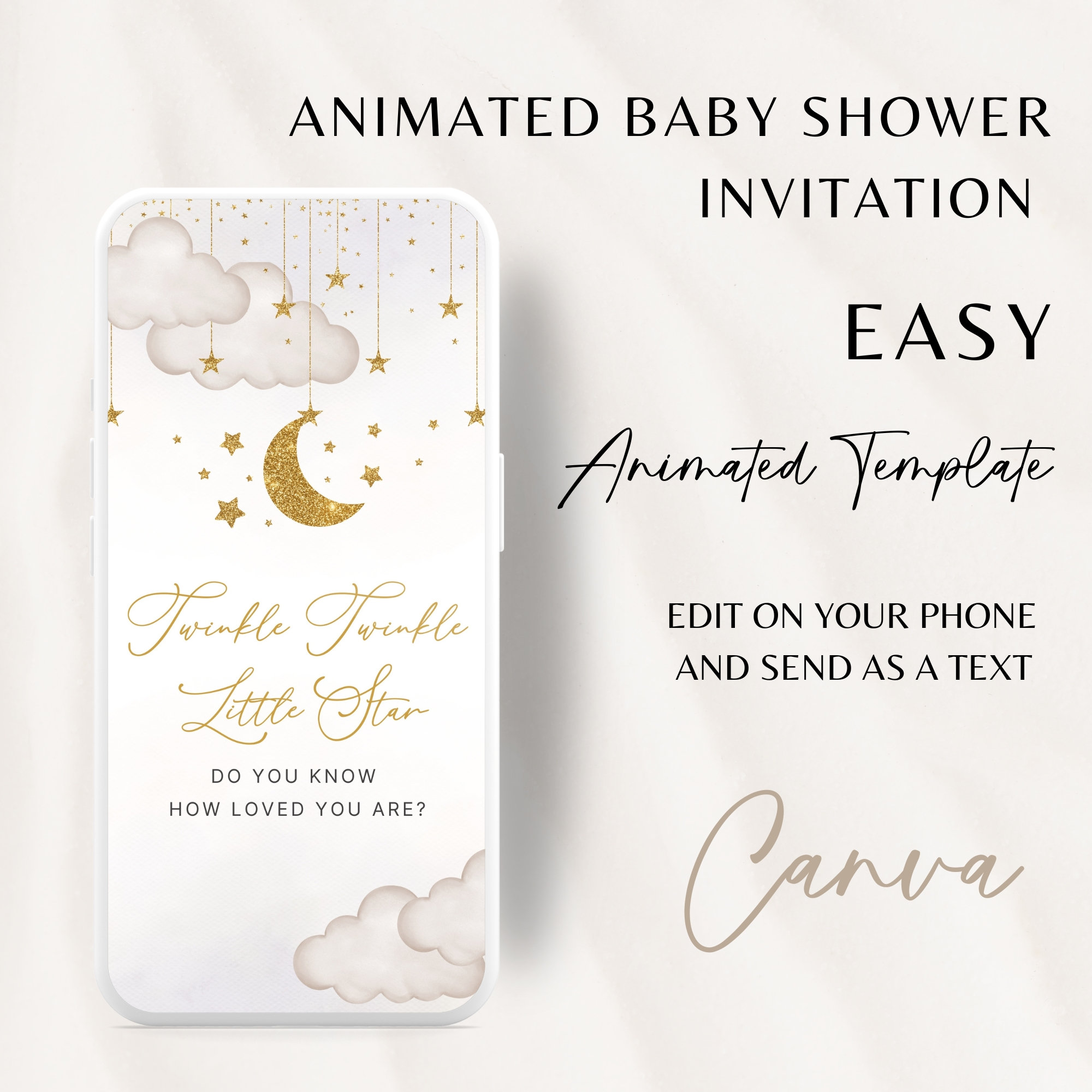 Invito animato per baby shower a tema Twinkle Twinkle Little Star, tema Luna e stelle dorate, invito per baby shower a tema Cloud Party, invito Cloud
