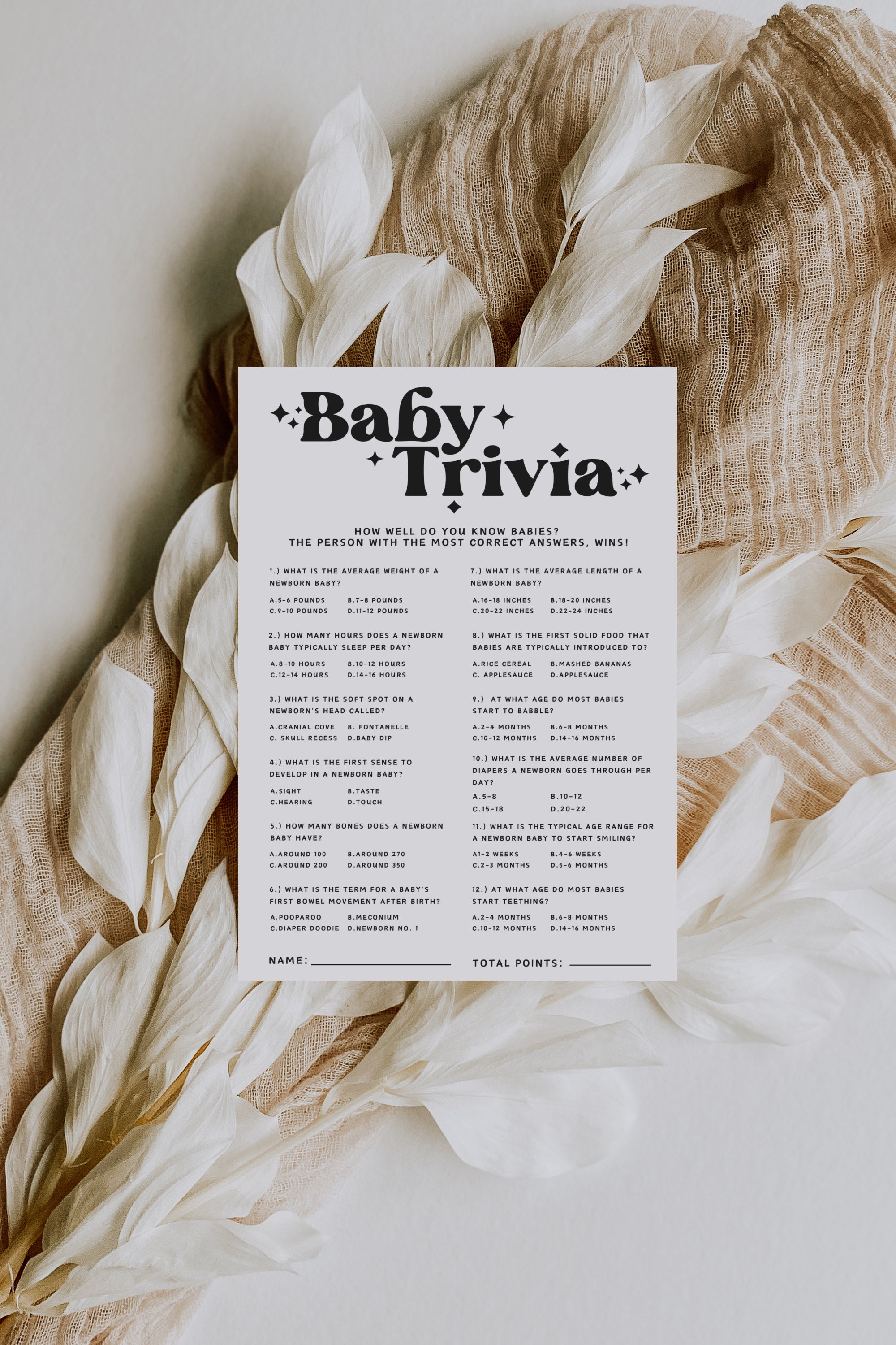 Gioco a quiz per baby shower, giochi per baby shower stampabili, curiosità per baby shower, boho baby shower, baby shower minimalista, giochi per baby