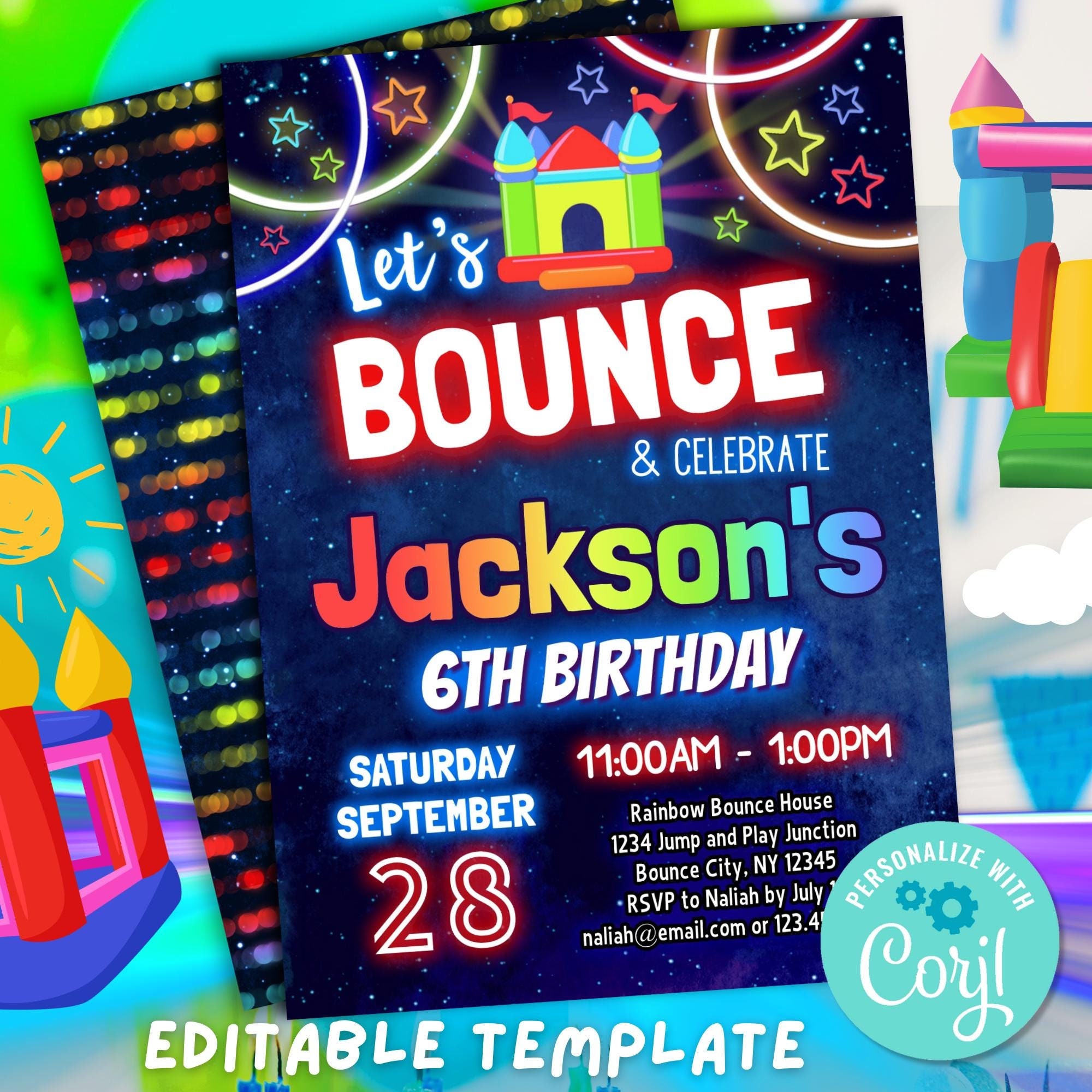 invito festa di compleanno castello gonfiabile per ragazzi / invito festa castello gonfiabile arcobaleno saltiamo e giochiamo / modello modificabile