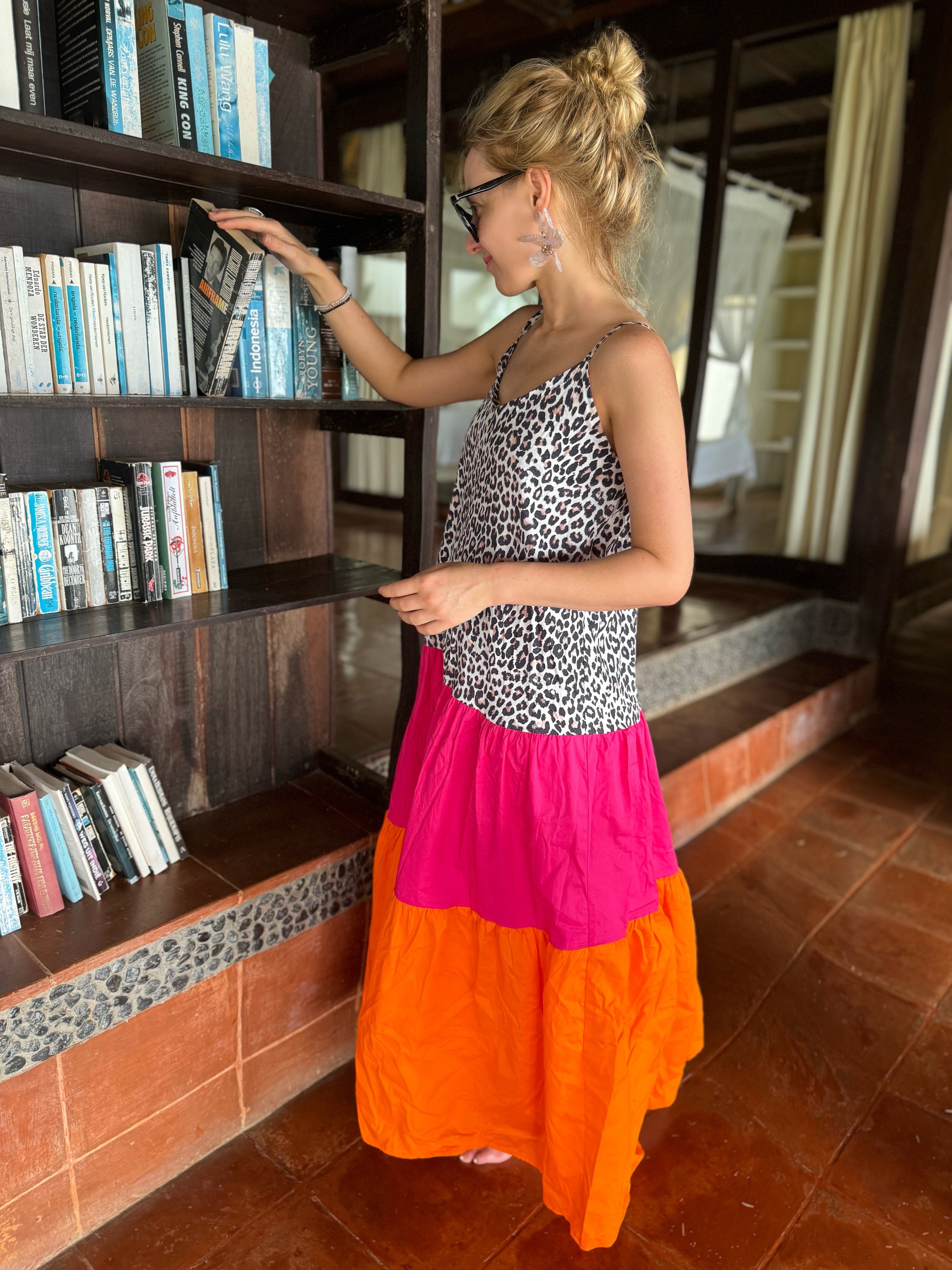 Abito lungo estivo casual arioso ed elegante rosa leo arancione taglia unica 34 36 38 40 42 S M L