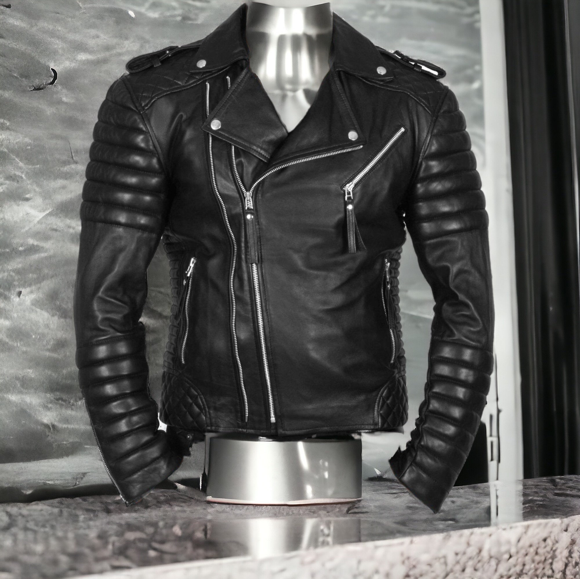 Giacca in pelle da motociclista nera trapuntata fatta a mano da uomo/Giacca in pelle trapuntata a diamante stile motociclista da uomo/Giacca da festa