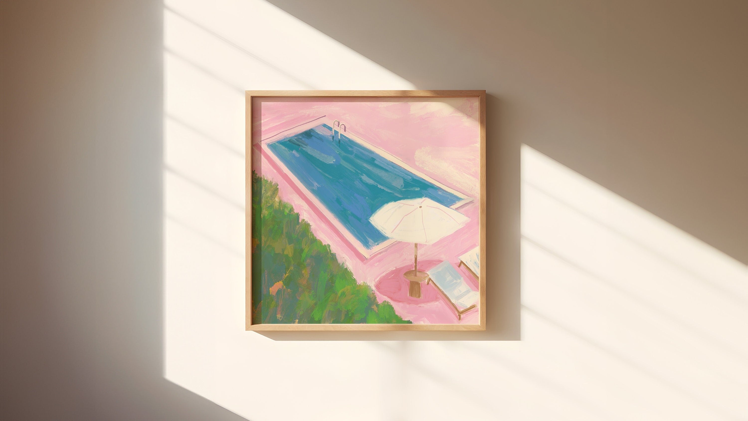 Decorazione estiva blu e rosa, stampa piscina, stampa quadrata, arte murale con download digitale immediato, stampe massimaliste, poster di arte eclet