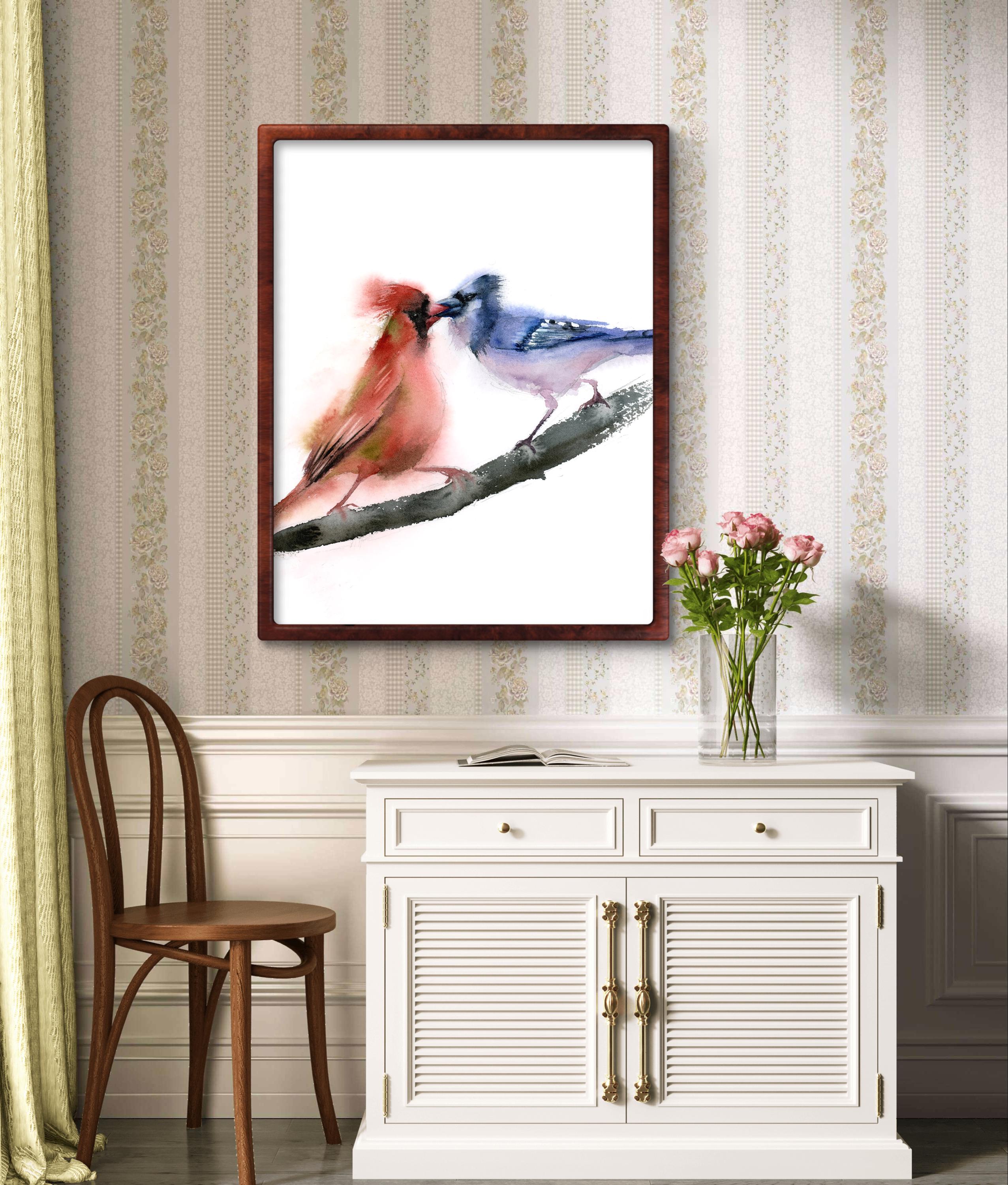 Stampa di cardinale e ghiandaia azzurra, arte murale di uccelli innamorati, stampa di acquerelli, opere d'arte di uccelli, uccelli che si baciano