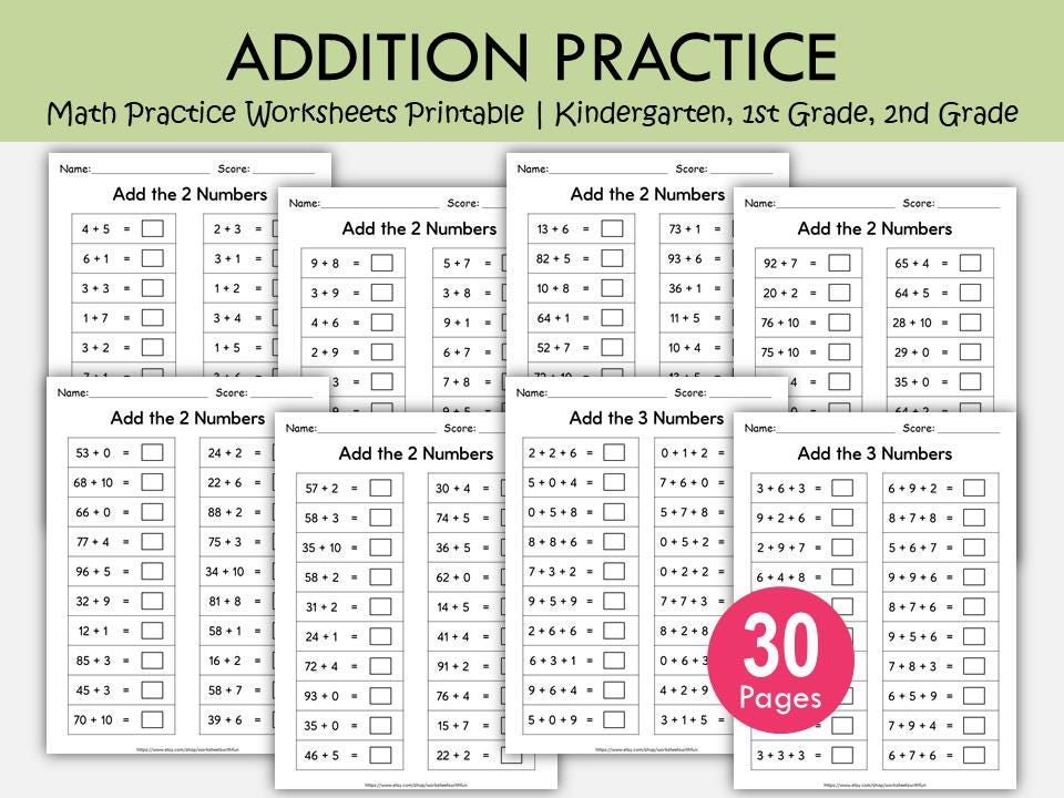 Schede di lavoro stampabili per l'addizione / Esercizi di matematica con 2 e 3 addendi / Scuola materna, 1a e 2a elementare / PDF per l'istruzione par