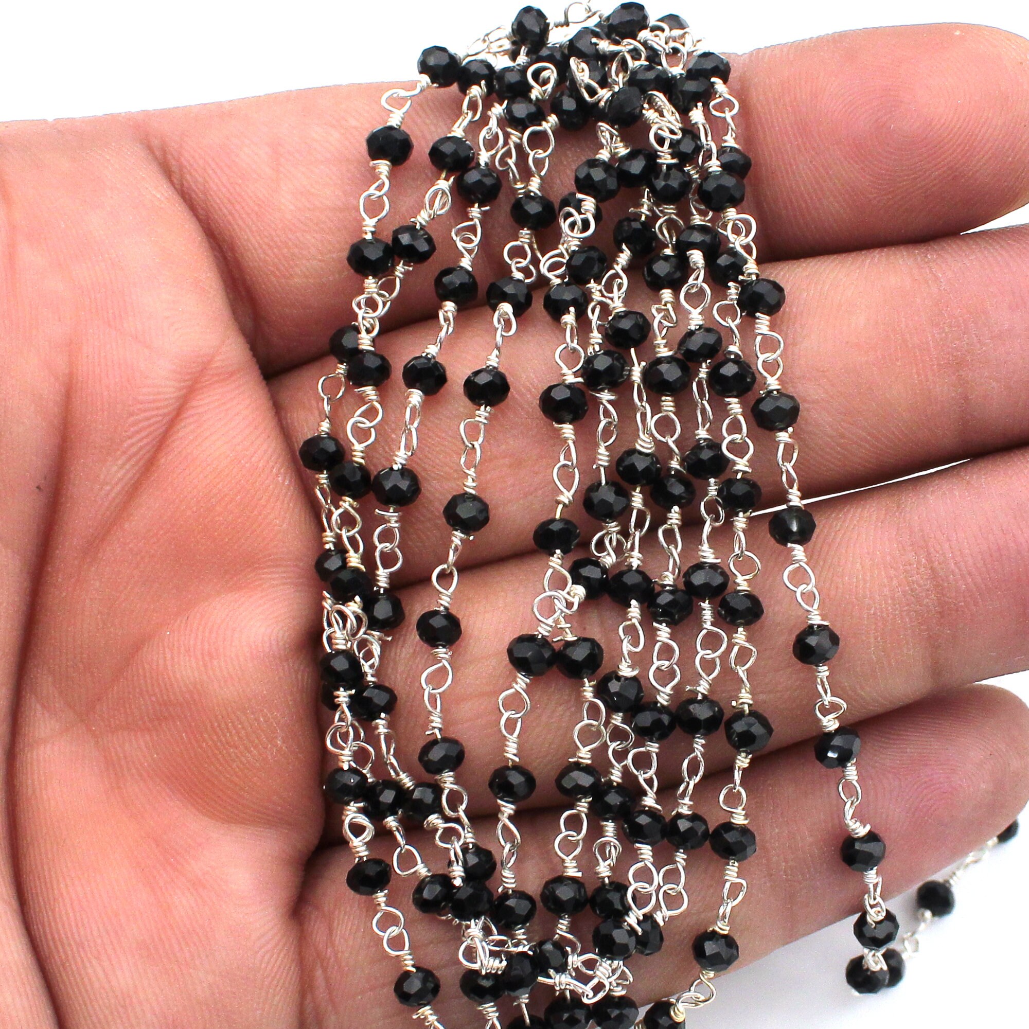 Black Tourmaline Hydro, Rondelle Faceted Rosary Beads Chain, 3mm, Sliver Plated Wire Wrapped Chain, Craft Supplies Chain, Bulk Roll, By Feet