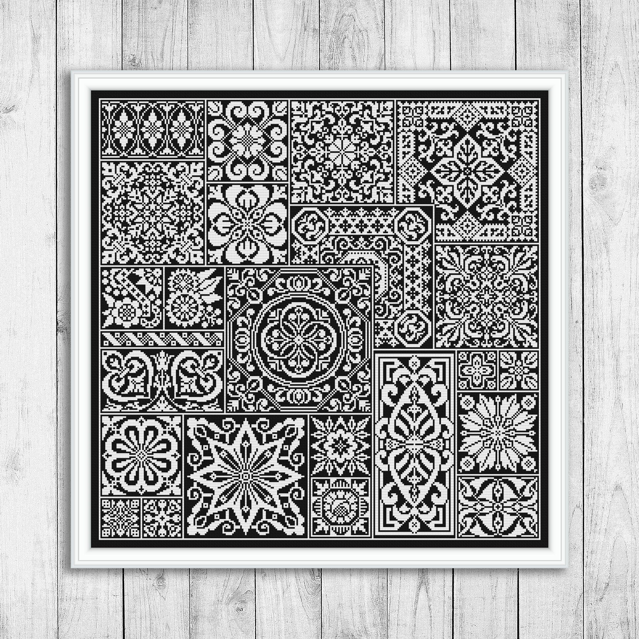 Schema punto croce moderno, schema punto croce sampler, sampler ricamo piastrelle, schemi punto croce, punto croce mosaico monocromatico