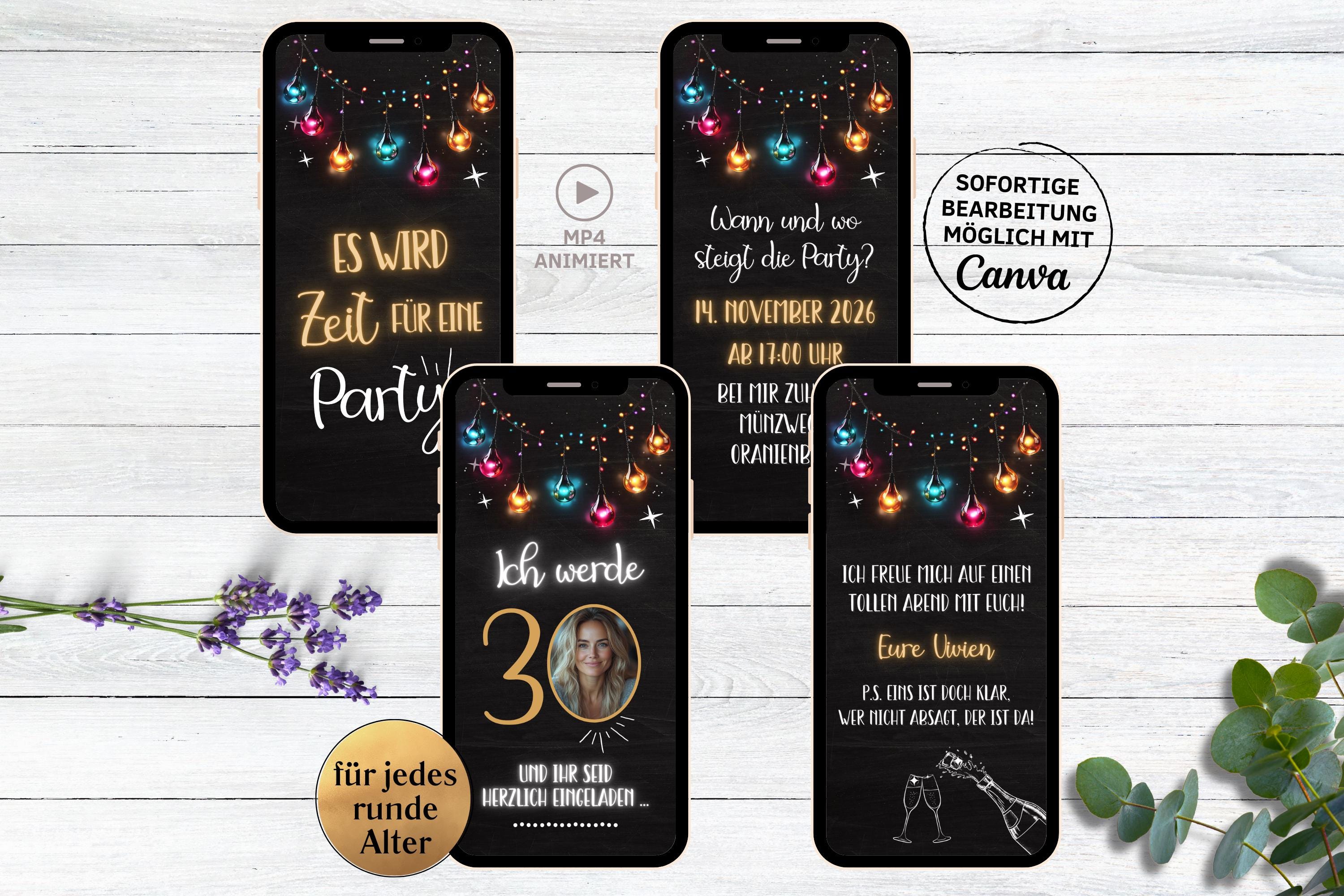 Invito di compleanno eCARD con design champagne lavagna | Inviti digitali WhatsApp con numero di foto | luci colorate di compleanno di carte animate p
