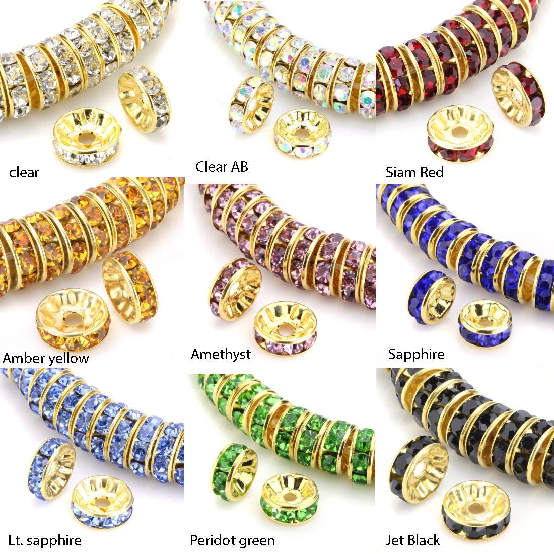 Scegli 100 pezzi di perline distanziatrici rondelle placcate oro 18K di qualità scintillante, strass di cristallo da 5 mm, 6 mm, 8 mm, 10 mm e 12 mm p