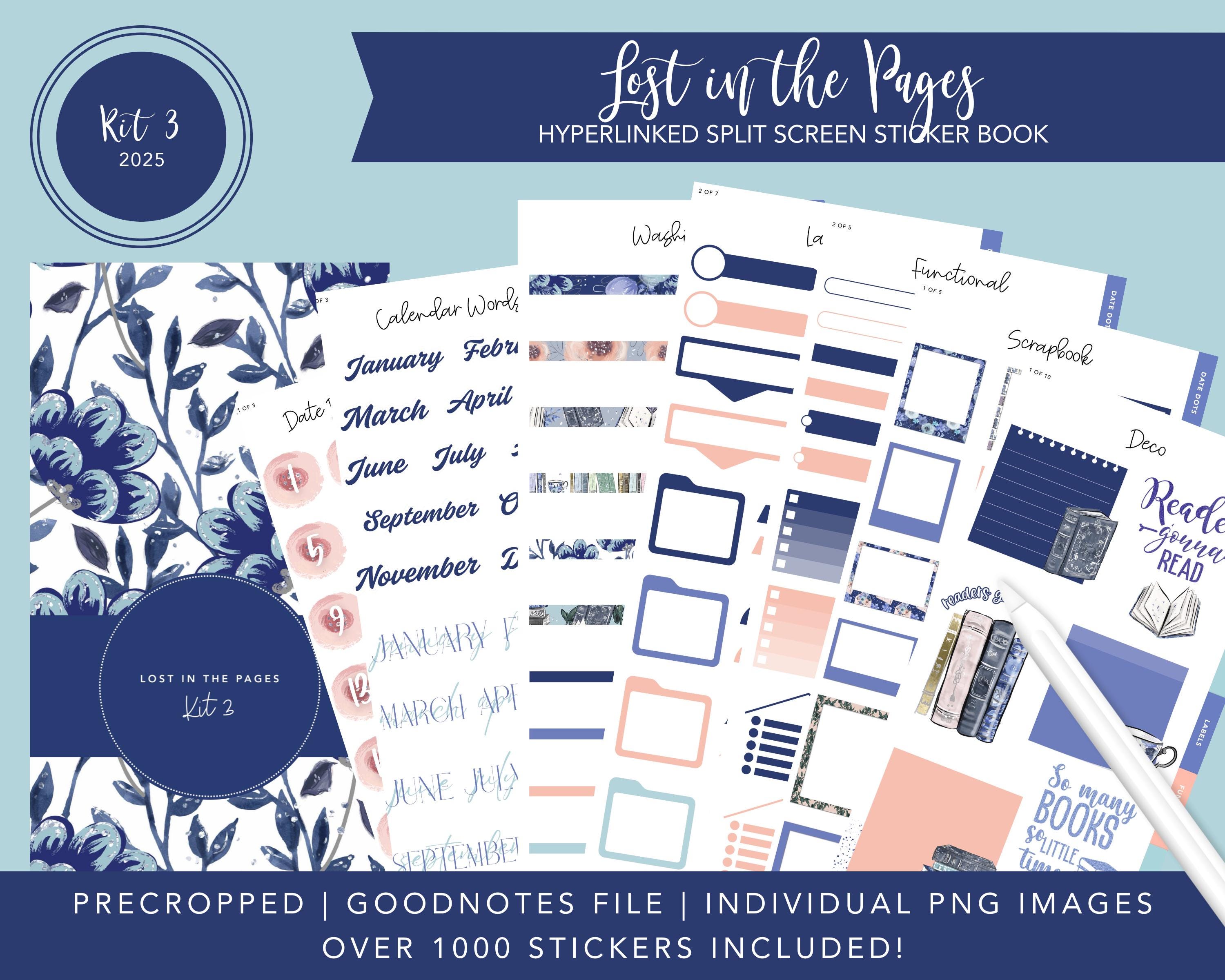 Kit 2025 3 Split Screen Sticker Book / Lost in the Pages / Adesivi Bookish / 1000+ Adesivi digitali / Pre-ritagliati / Goodnotes