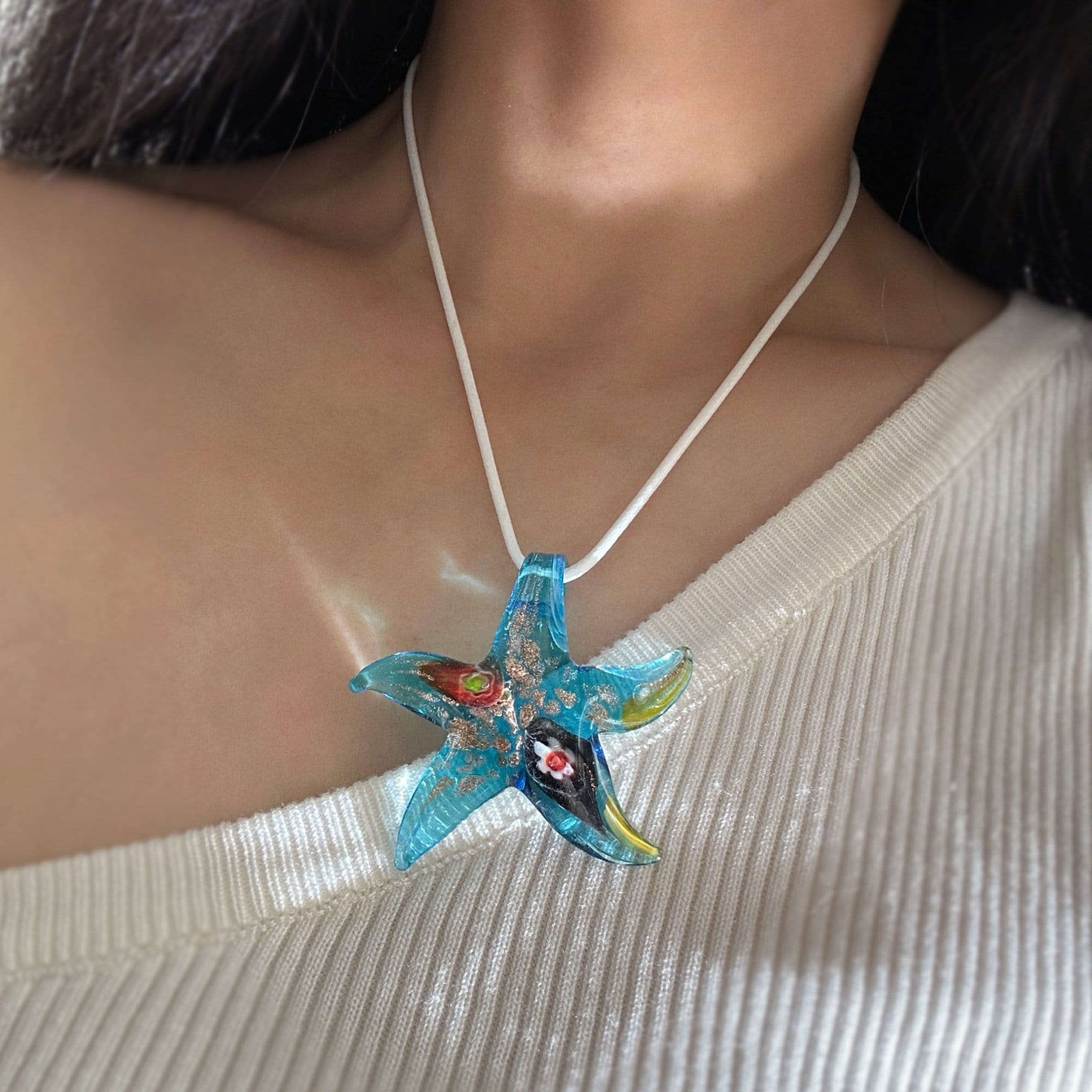 Collana con ciondolo a forma di stella marina in vetro, collana in corda con ciondolo a forma di stella in vetro blu, collana a forma di stella marina