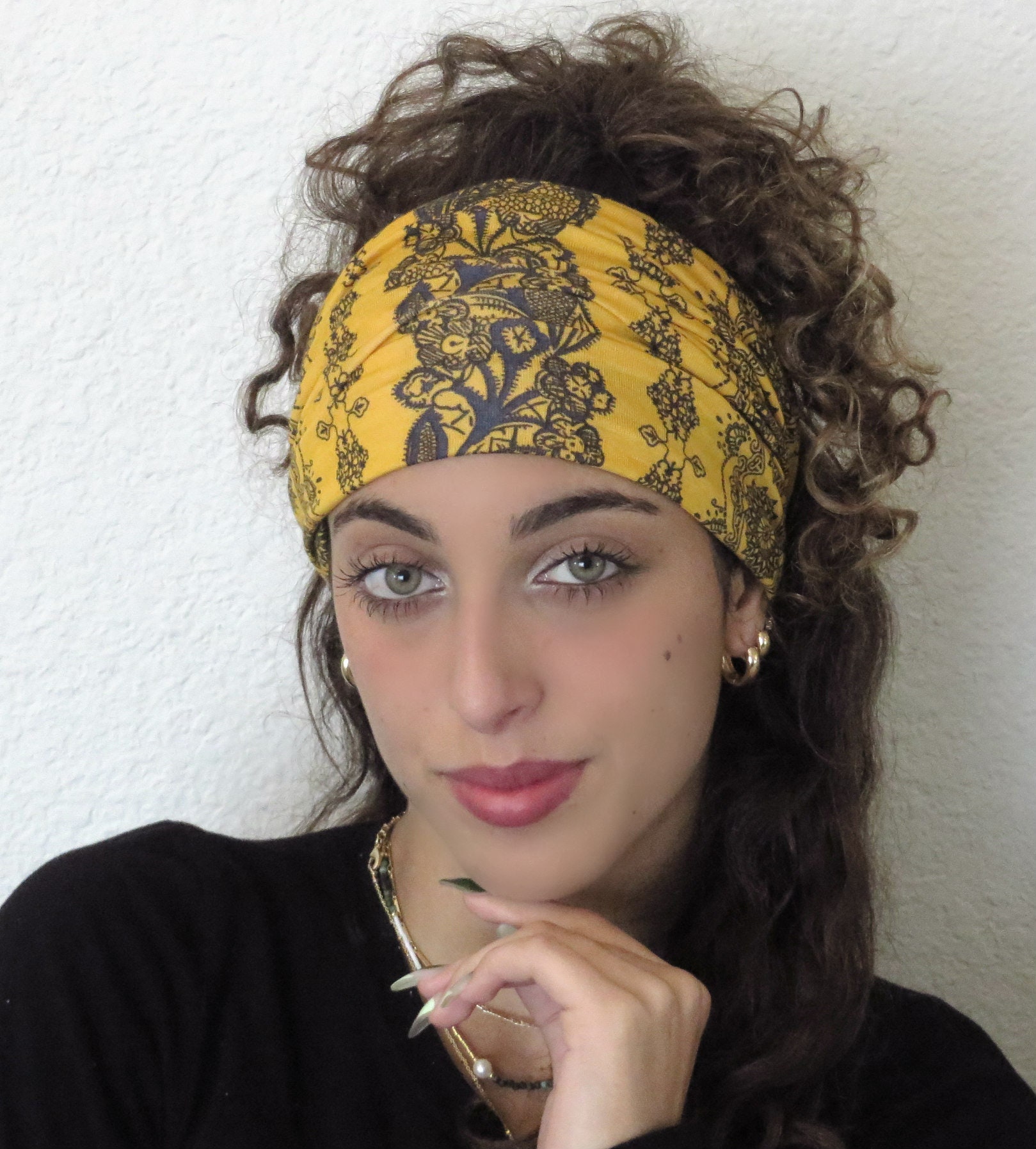 Fascia per capelli boho, fascia per capelli extra larga, fascia per capelli da yoga, fascia per capelli arricciata, fascia per capelli gialla, fascia