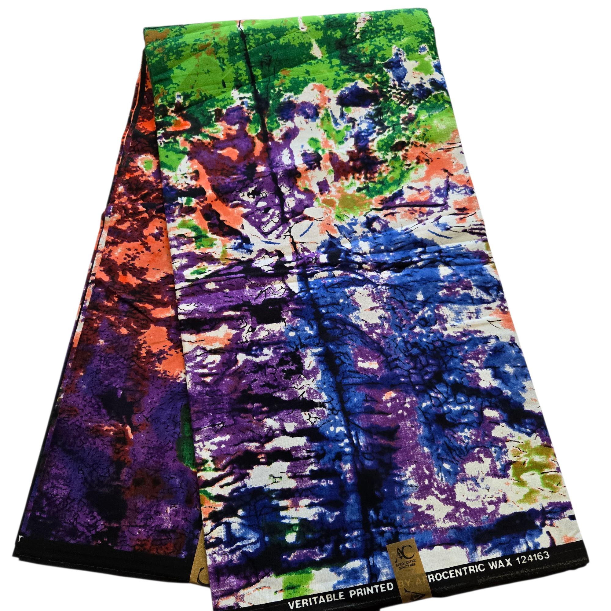 Tessuto Ankara Batik verde, viola e arancione, tessuto stampato africano, tessuto africano tagliato su misura, tessuto Ankara Tie-Dye, gonna Ankara, A