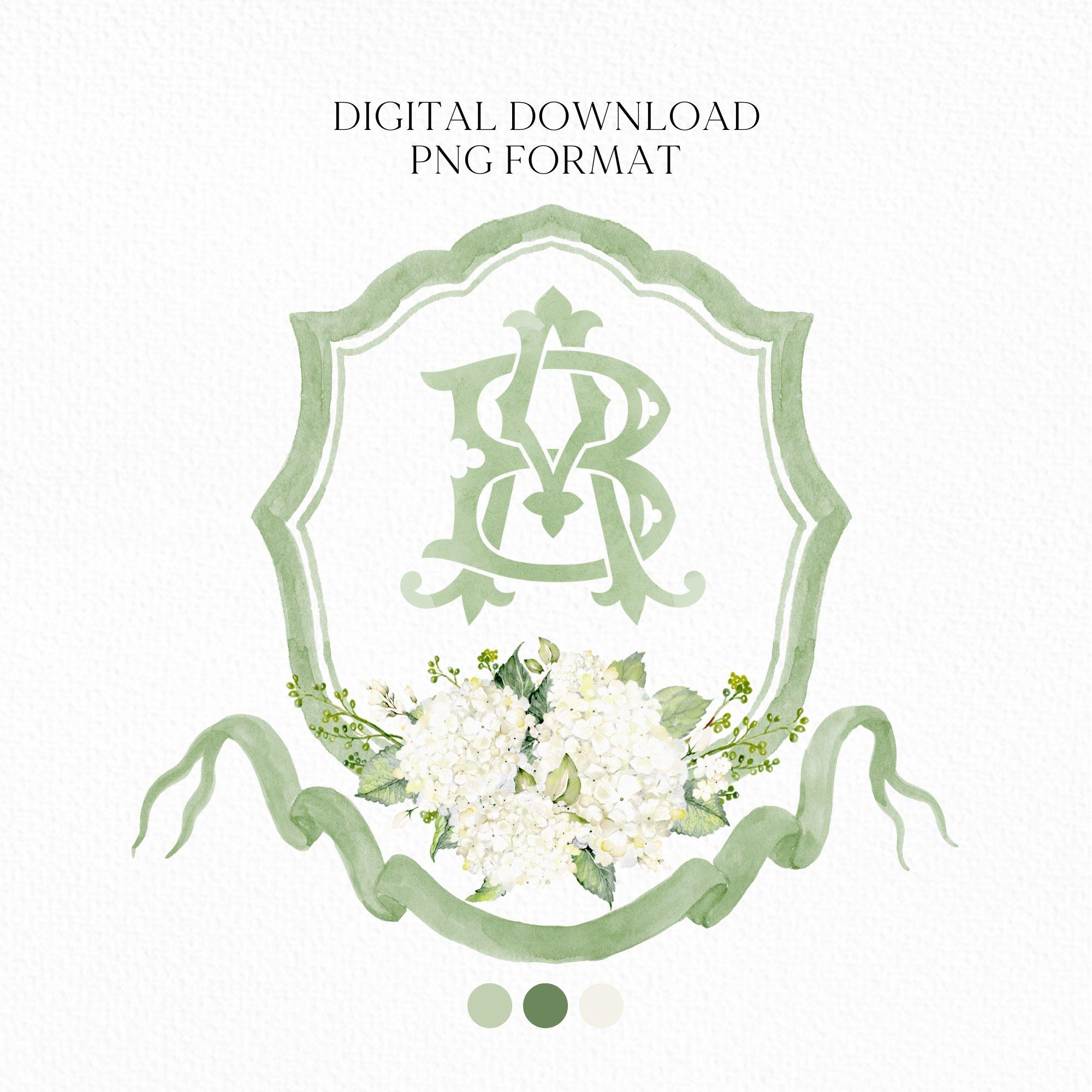 Stemma nuziale con fiori di ortensia bianca e verde - Stemma monogramma - Stemma nuziale con fiori di ortensia di lusso e acquerello - Stemma nuziale