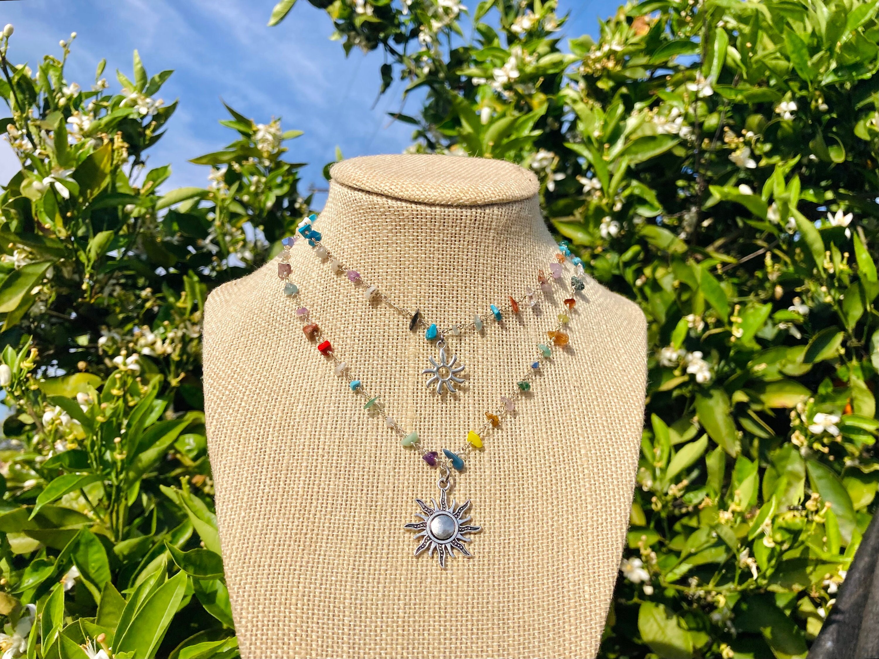 Collana girocollo sole argento/collana di cristallo con pietre preziose/collana di perline,collana di perline,collana hippie,collana boho,collana hipp