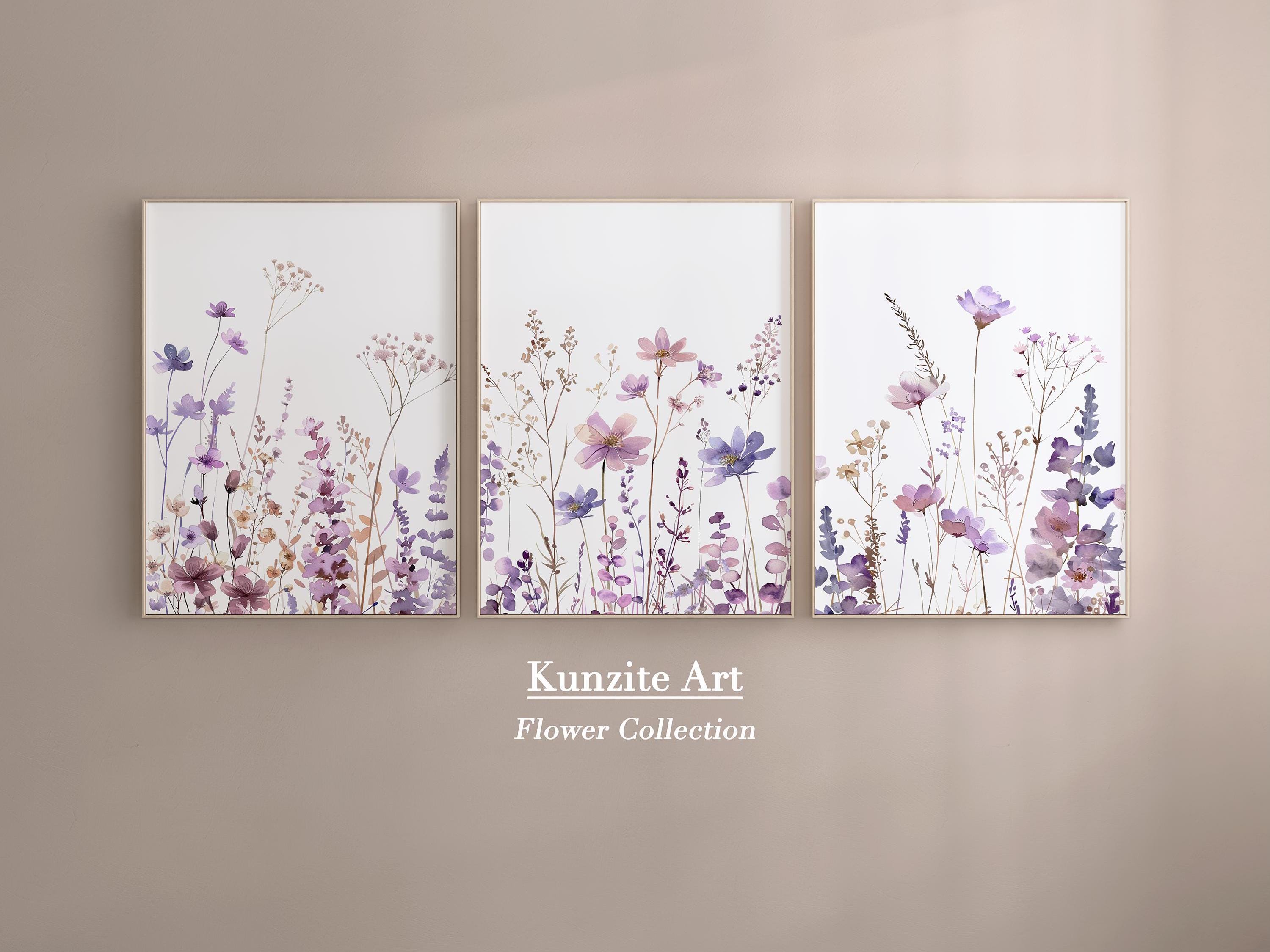 Set di 3 stampe murali con fiori di campo viola per la cameretta delle bambine: stampe floreali di lavanda per la decorazione della cameretta delle ba