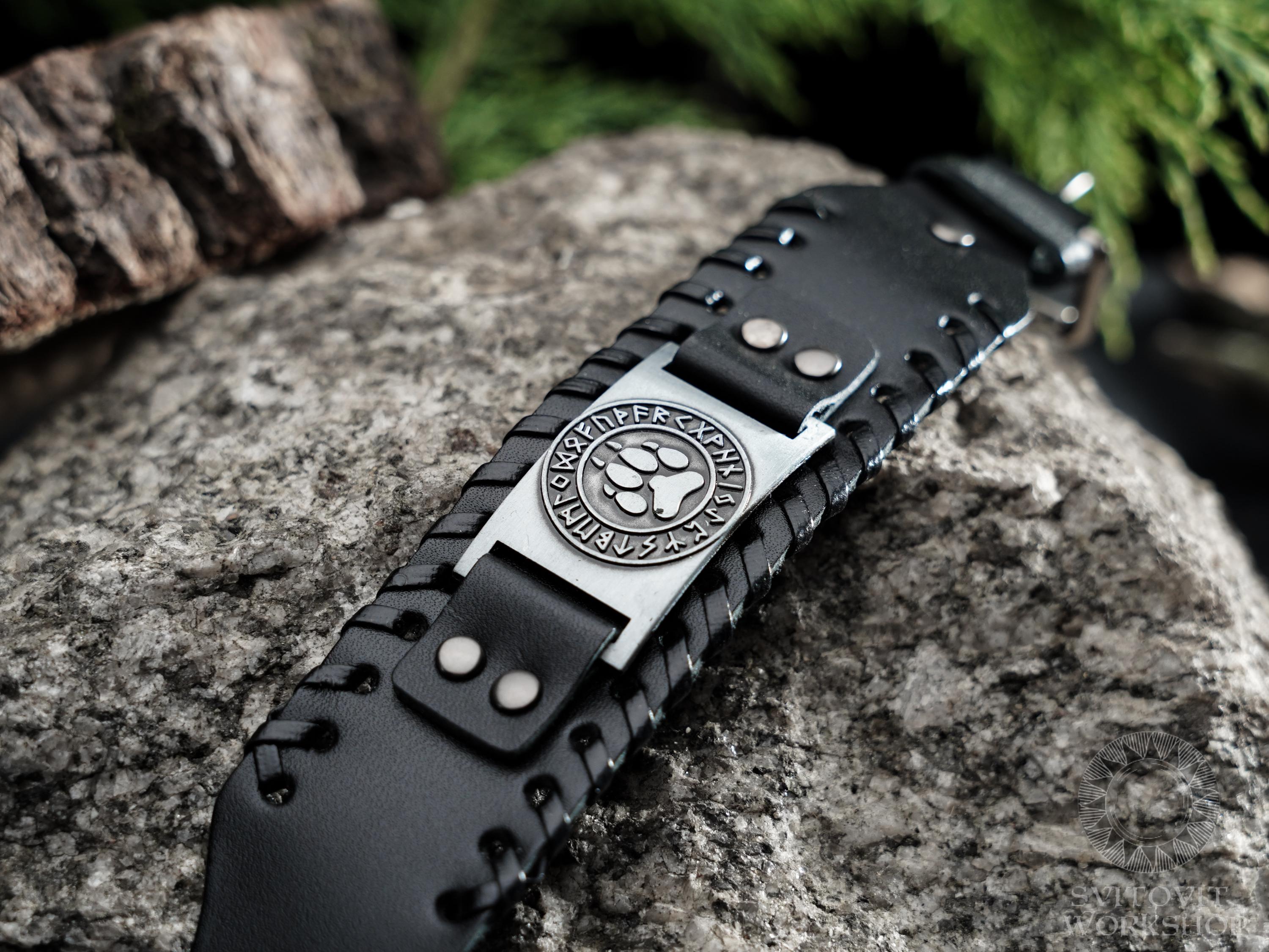 Bracciale in pelle Bear Paw, polsino in pelle nordico, simbolo della zampa d'orso, bracciale celtico da uomo, gioielli vichinghi da uomo, bracciale in