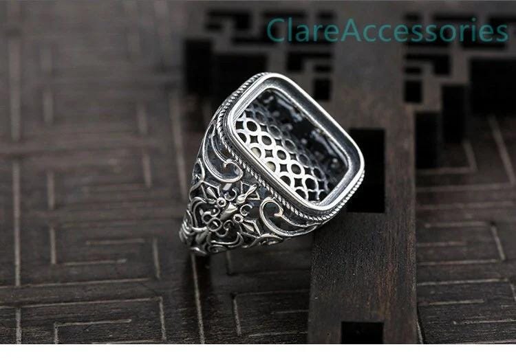 Anelli rettangolari in argento sterling, 14 x 18 mm, anello da uomo, anelli floreali in argento 925, anello regolabile, montatura per anello, castone