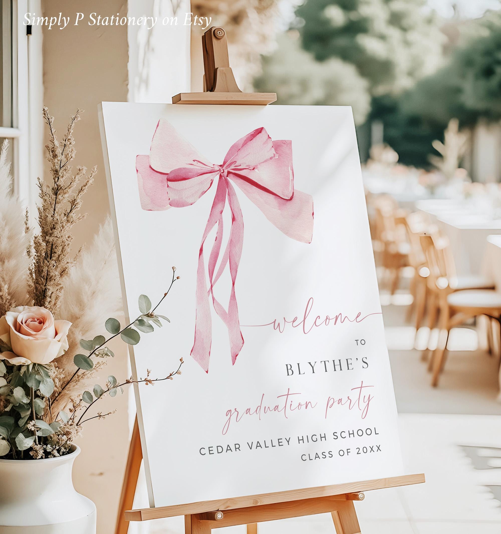 Cartello di benvenuto per la festa di laurea con fiocco rosa, modello di poster di benvenuto per la laurea, cartello di benvenuto per la laurea stampa