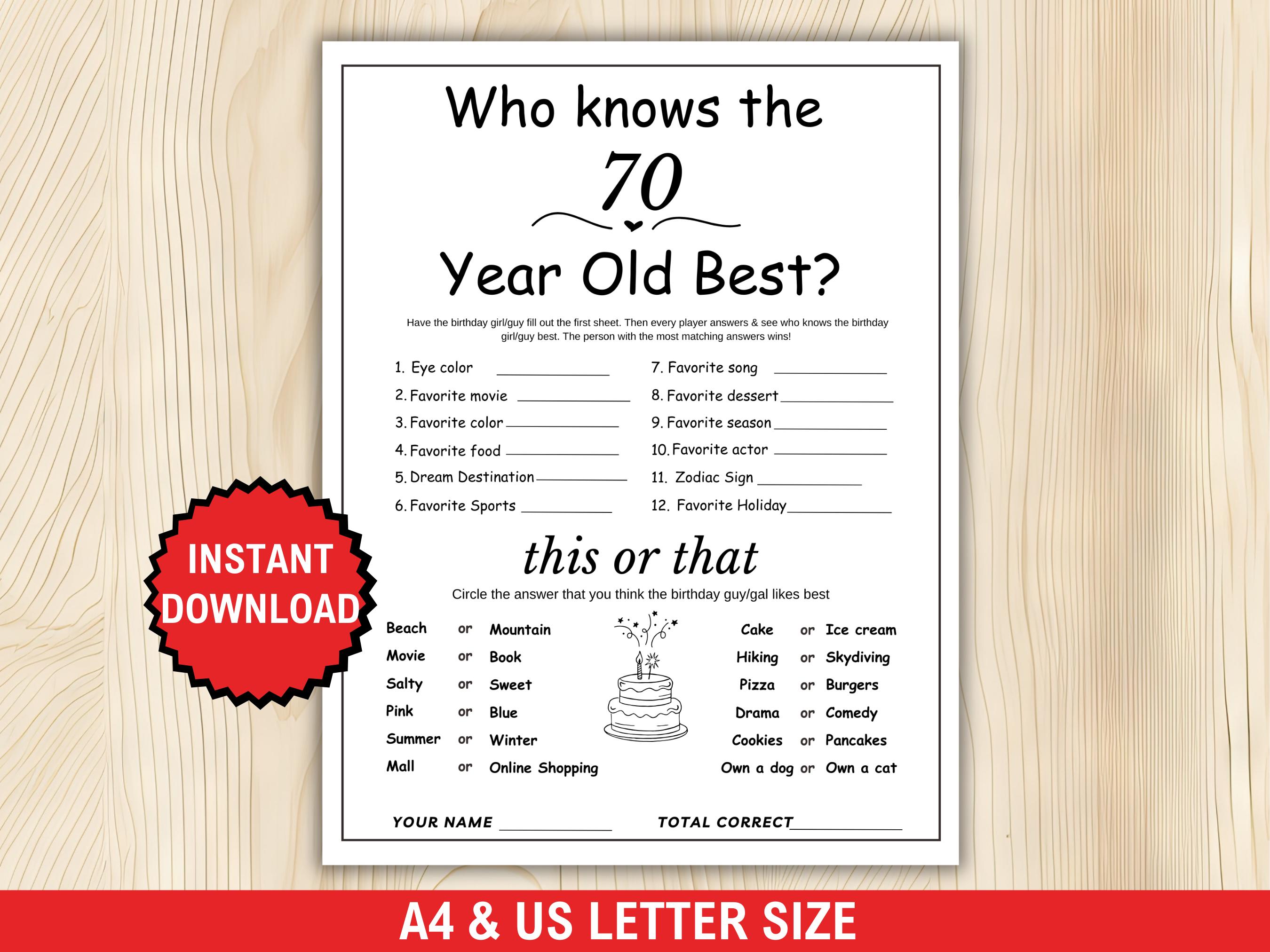 Chi conosce il miglior gioco per i 70 anni? Gioco per il 70o compleanno, stampabile, attività per la festa del 70o compleanno, quiz sul 70o compleanno