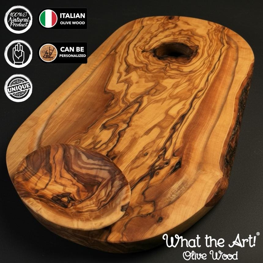 WTA! Olive Wood «Rustic» | Tagliere in legno d'ulivo, tagliere da portata + ciotole per salse | Fatto a mano | Tagliere in legno massello, tagliere p