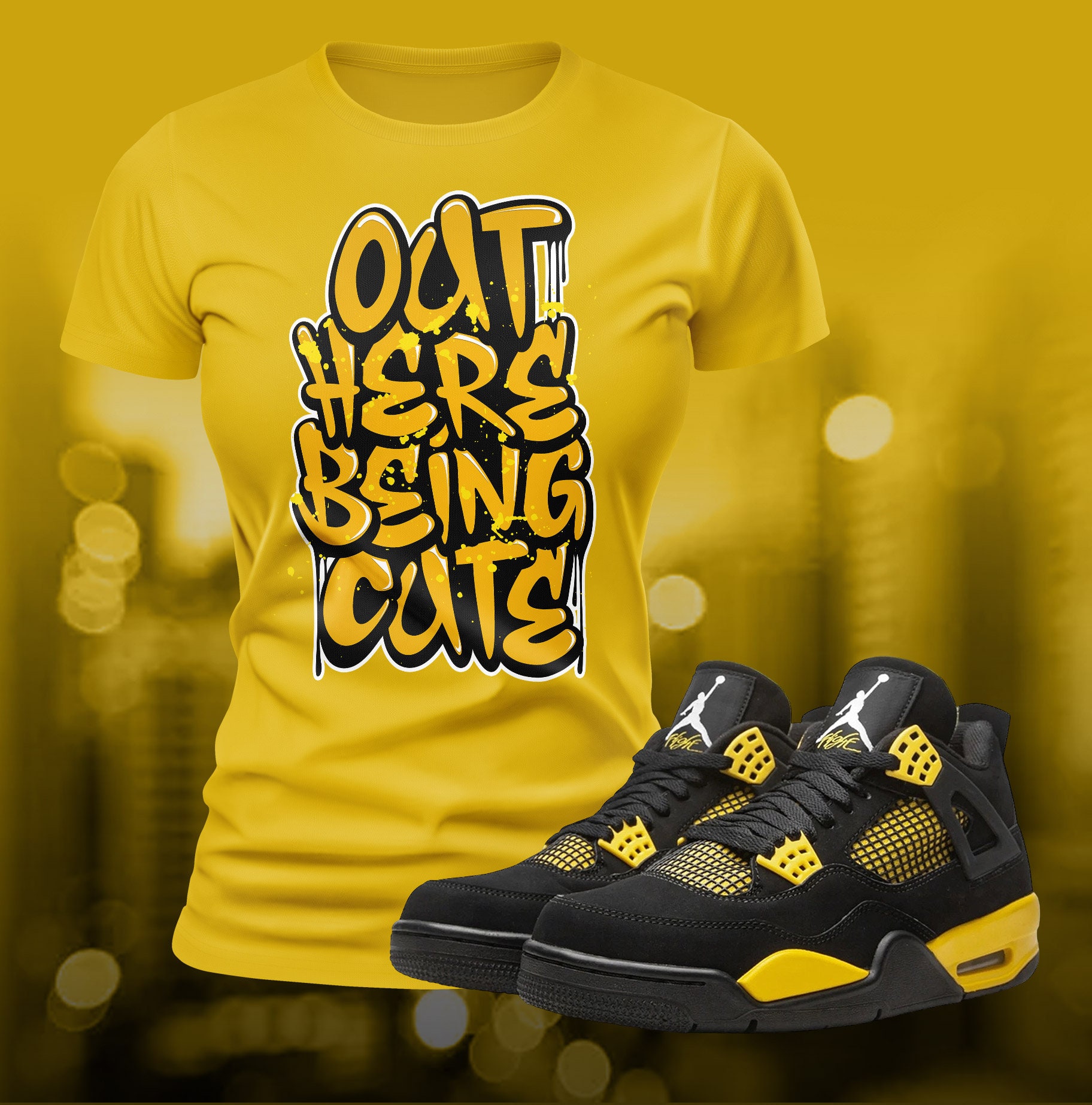 Yellow Thunder 4 Being Cute Street Wear Sneaker Shoe Match T-shirt T-shirt a maniche corte in jersey unisex estivo