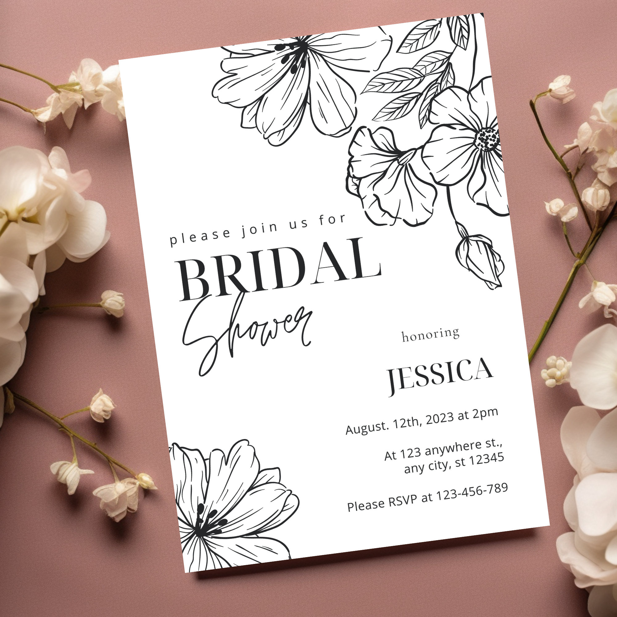 Modello minimalista per INVITO per addio al nubilato, invito per addio al nubilato in bianco e nero, invito per addio al nubilato floreale, invito sem