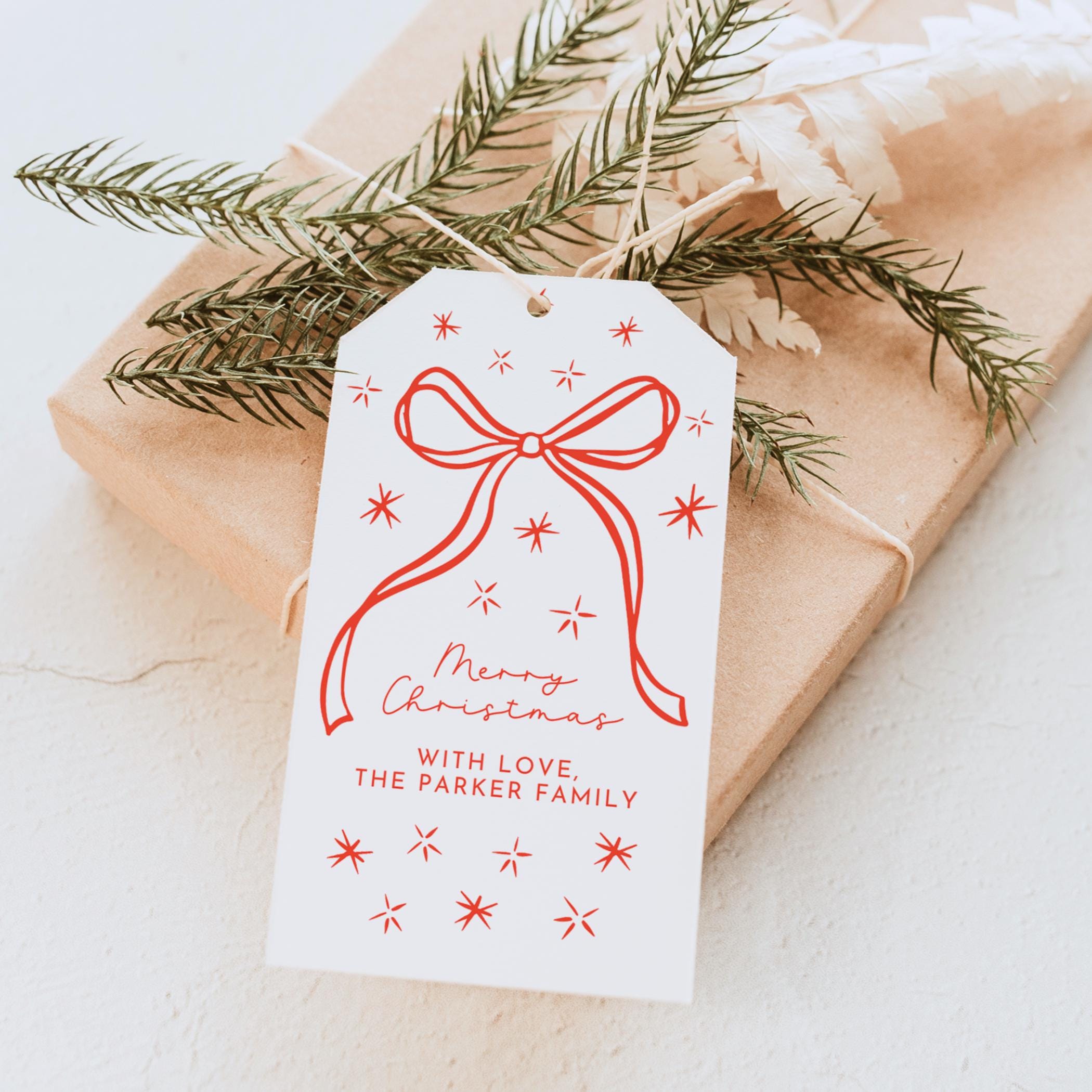Etichette regalo di Natale con fiocco rosso stampabili, modello modificabile, etichette regalo per le feste, etichette di buon Natale, etichette per b