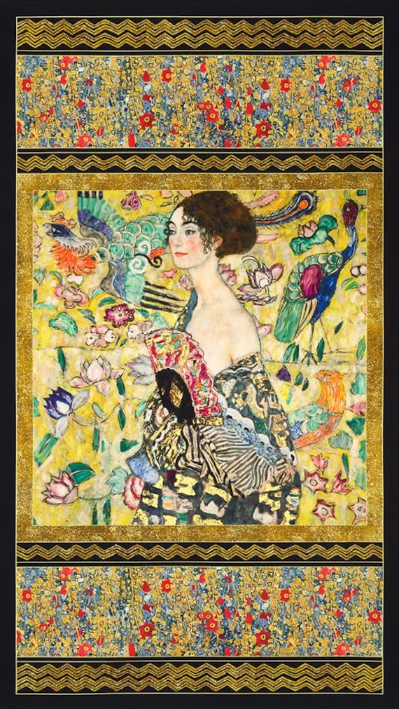 "Gustav Klimt Donna con ventaglio Pannello SRKDM-22726-133 Oro / Dimensioni pannello = 24 x 44\""