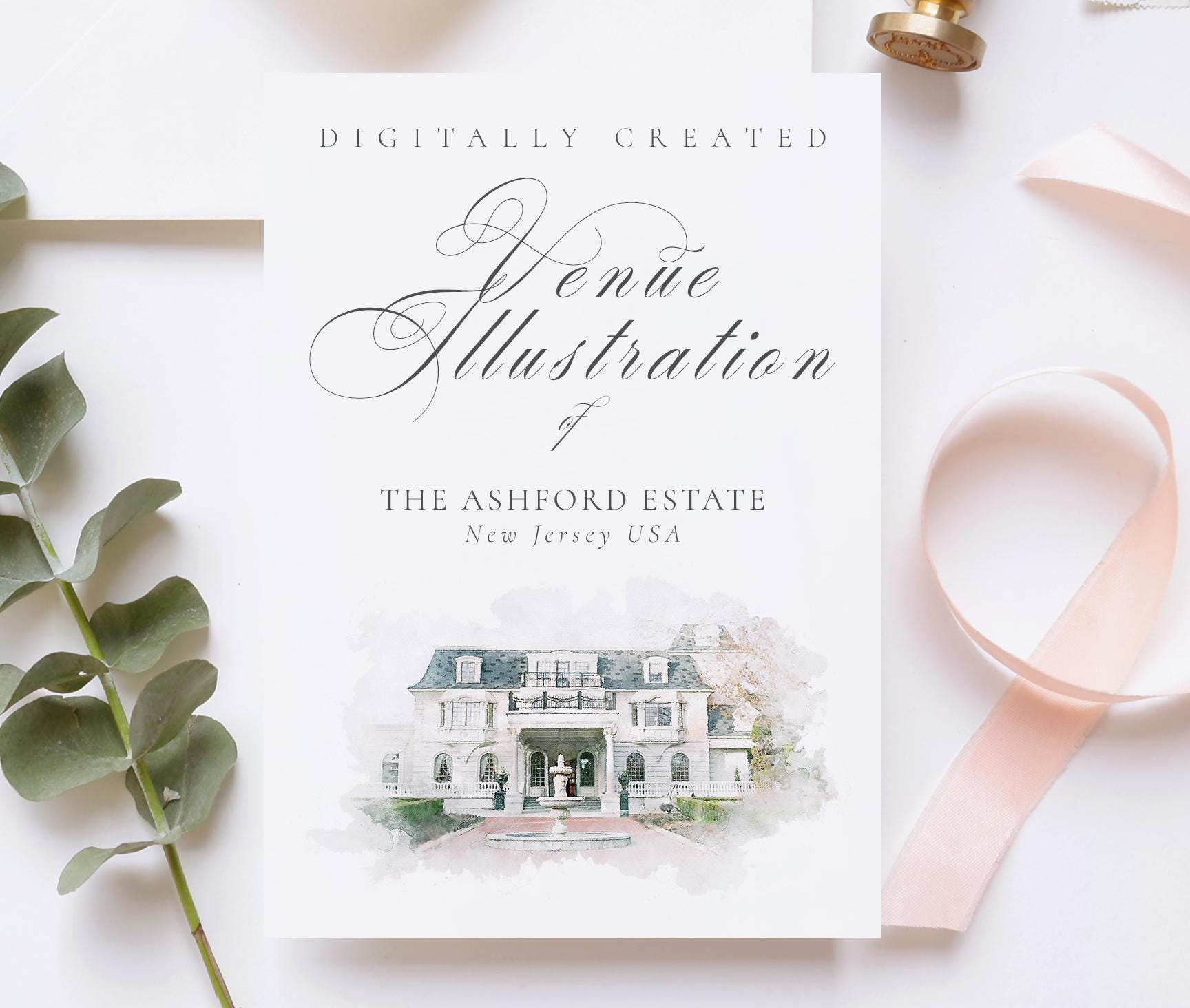 File di illustrazione della location per matrimoni di Ashford Estate, New Jersey, USA - creato con pennelli per acquerelli digitali scaricabili in for