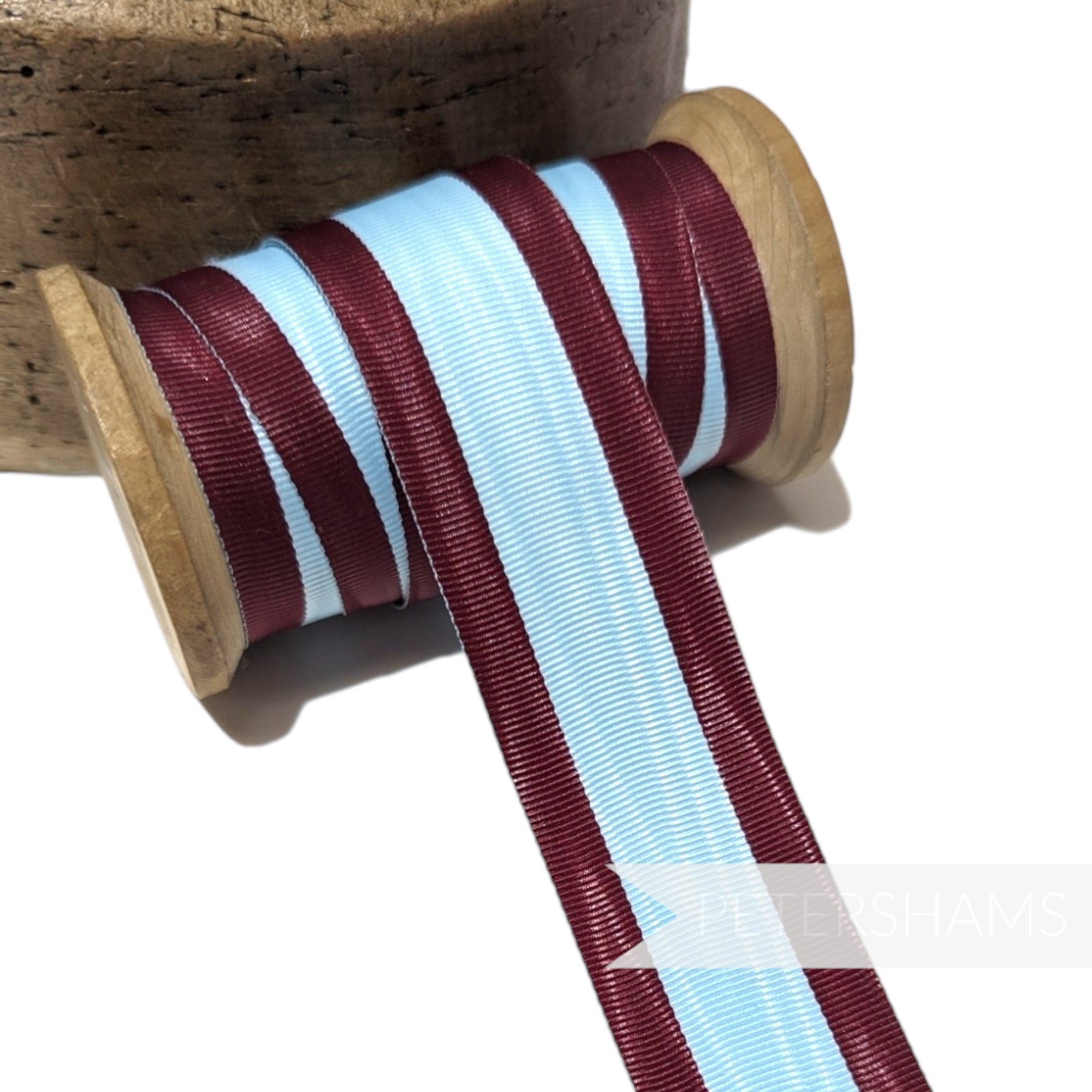 Nastro grosgrain moiré a righe vintage da 32 mm di larghezza - 1 m (1,09 iarde) - Borgogna e uovo d'anatra chiaro