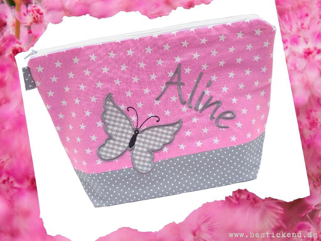 borsa ricamata FARFALLA + nome //rosa - grigio// borsa per pannolini borsa da toilette borsa per pannolini borsa da toilette 20 caratteri borsa per co