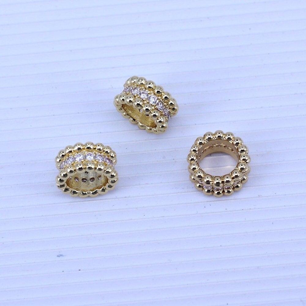 10 pezzi di perline distanziatrici rotonde Micro Pave CZ, perline distanziatrici per ruote con foro grande, perline tonde piatte, perline a tubo con f