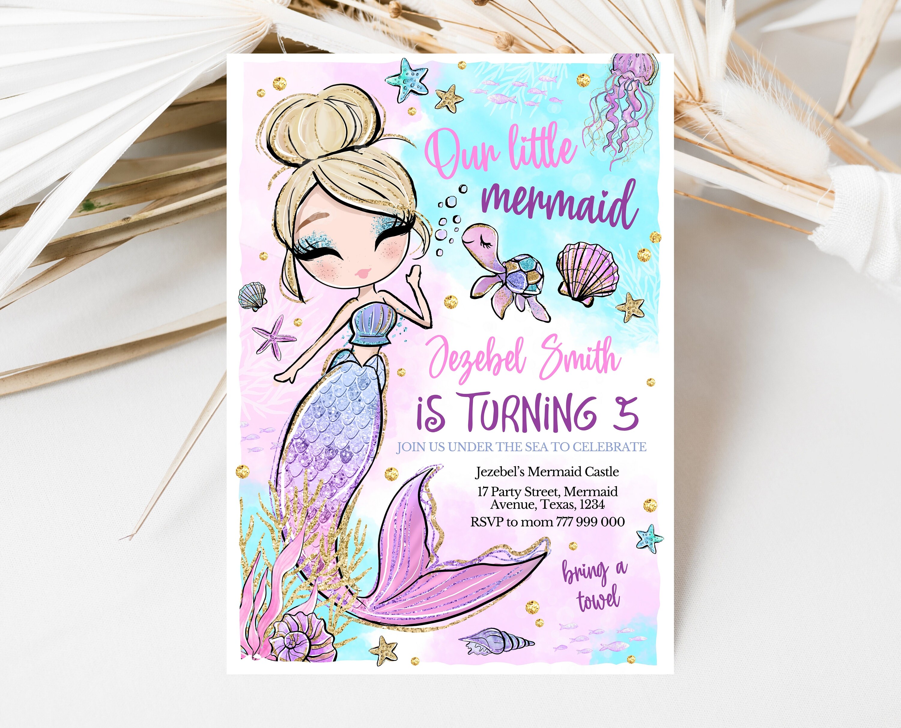 Invito di compleanno modificabile a forma di sirena, invito a forma di sirena rosa, invito di compleanno sotto il mare, invito a forma di sirena stamp