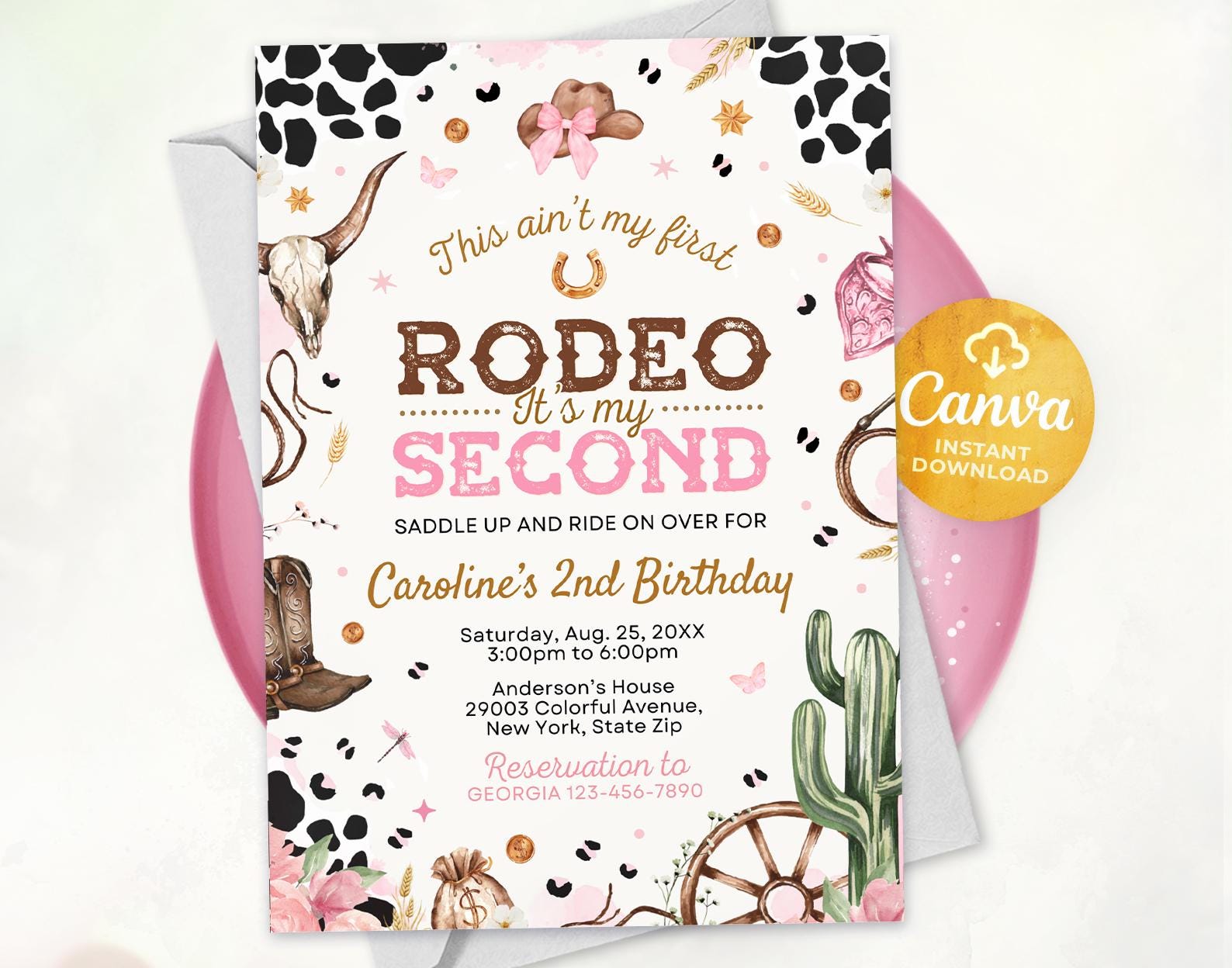 Secondo invito al rodeo, invito di compleanno da cowgirl, invito al rodeo da cowgirl del selvaggio West, invito al rodeo 2o, modificabile Canva 2502