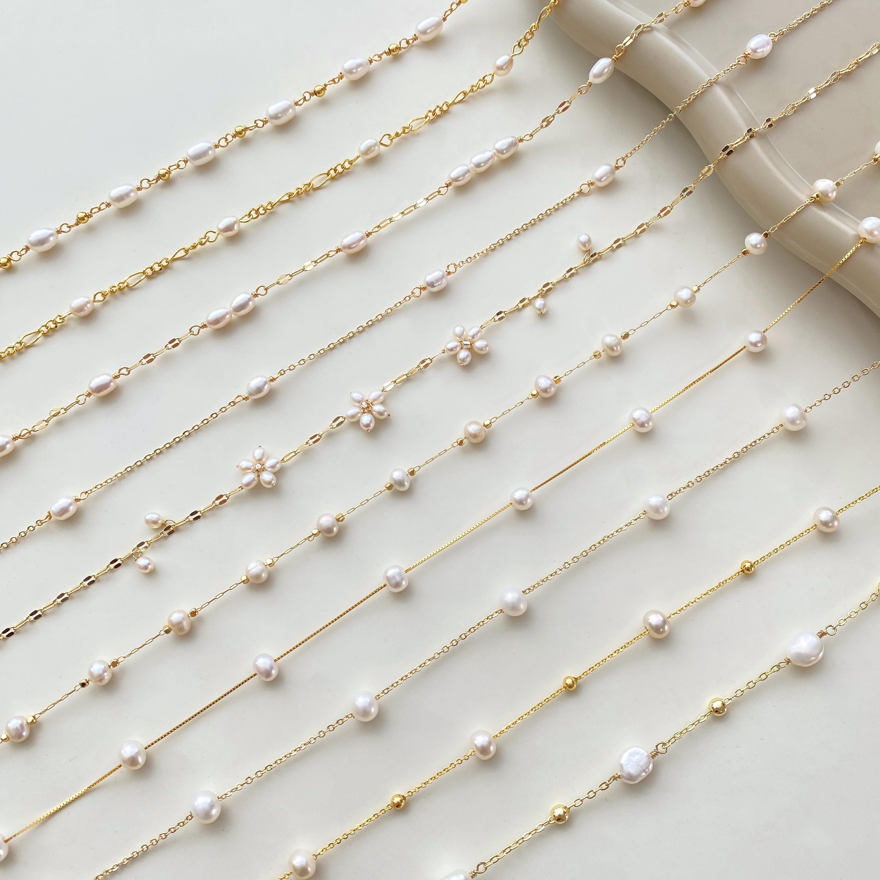 Delicata collana di perle d'acqua dolce naturali, collana di perle con catena in oro, girocollo di perle, collana di perle multiple, collane da sposa,