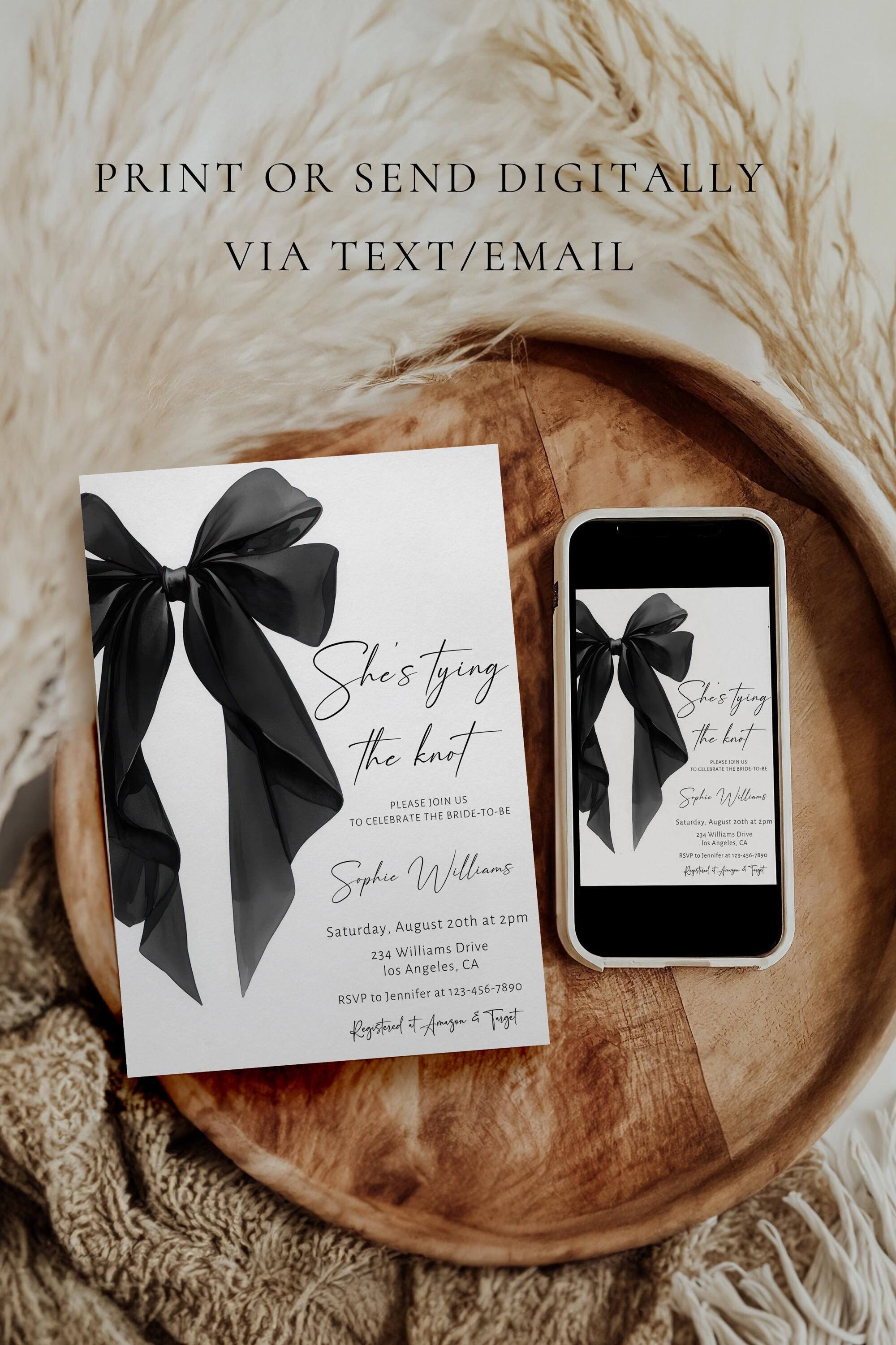 "Modello di invito per addio al nubilato \"She's Tying the Knot\", invito modificabile per addio al nubilato con fiocco nero, invito per addio al nubilat"