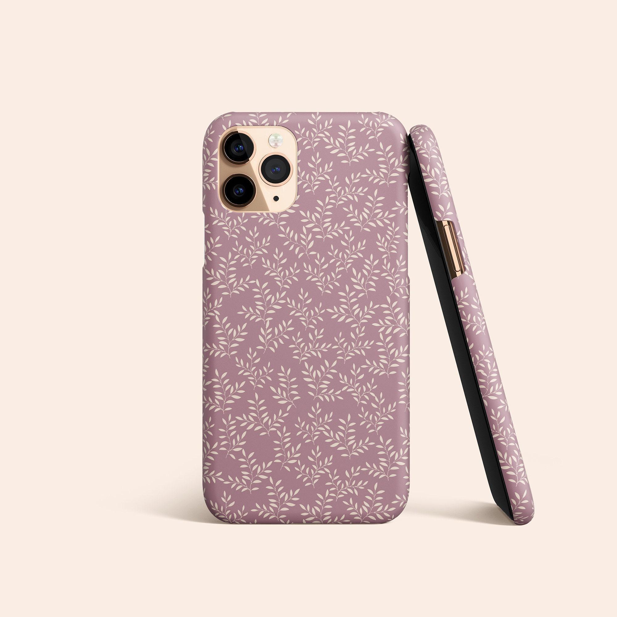 Custodia per telefono color malva, custodia per iPhone 13 con foglie viola, custodia per iPhone 12 con motivi botanici, custodia per iPhone 11 color l