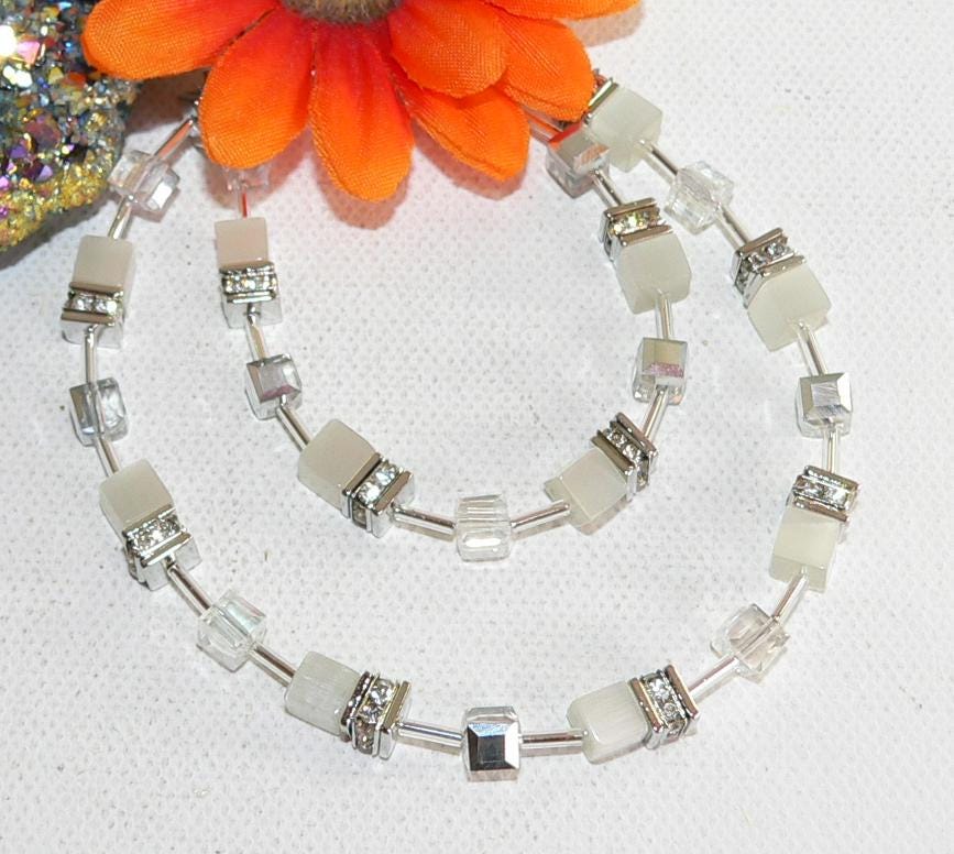Collana, collier, catena a cubo, collana, perle, cubo a occhio di gatto, vetro, cubo di cristallo, strass, bianco, trasparente, argento, piastra in ac