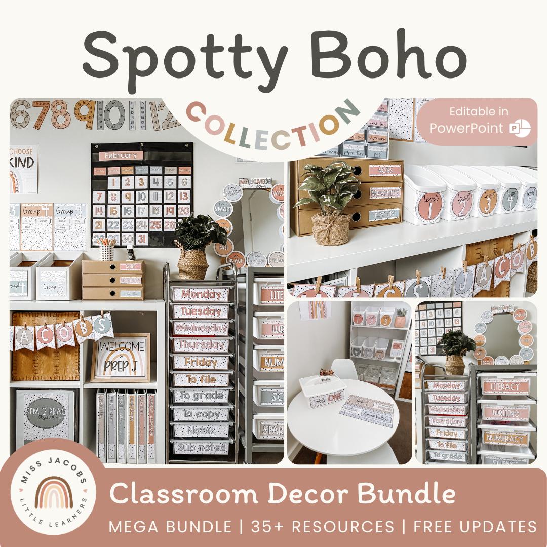 Pacchetto di decorazioni per l'aula SPOTTY BOHO / Decorazioni per l'aula Boho / Etichette per l'aula Boho / Espositori per l'aula moderni e neutri / M