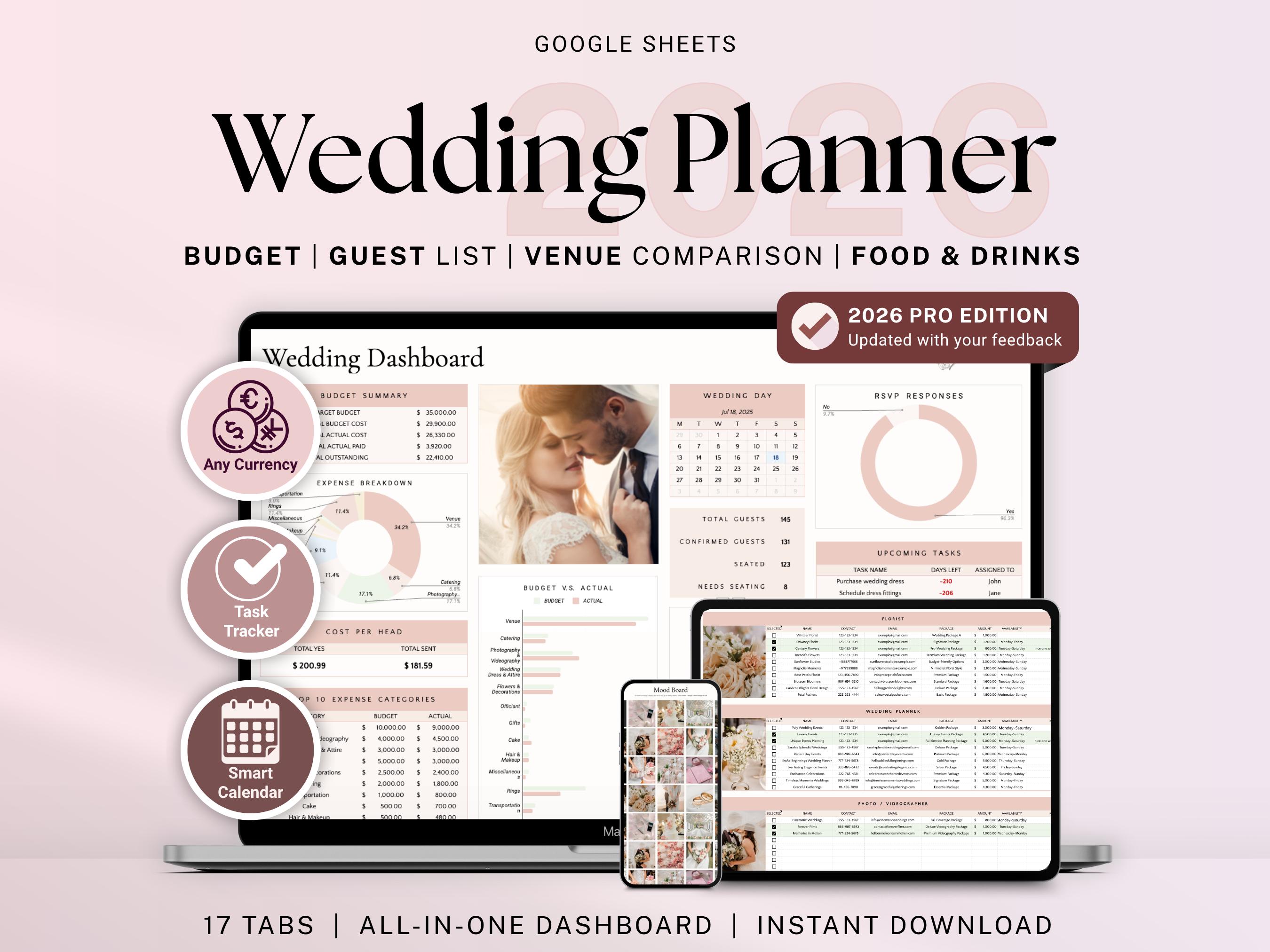 Foglio di calcolo per wedding planner, Fogli Google, Checklist per la pianificazione del matrimonio, Budget per il matrimonio, Tracker delle spese, It