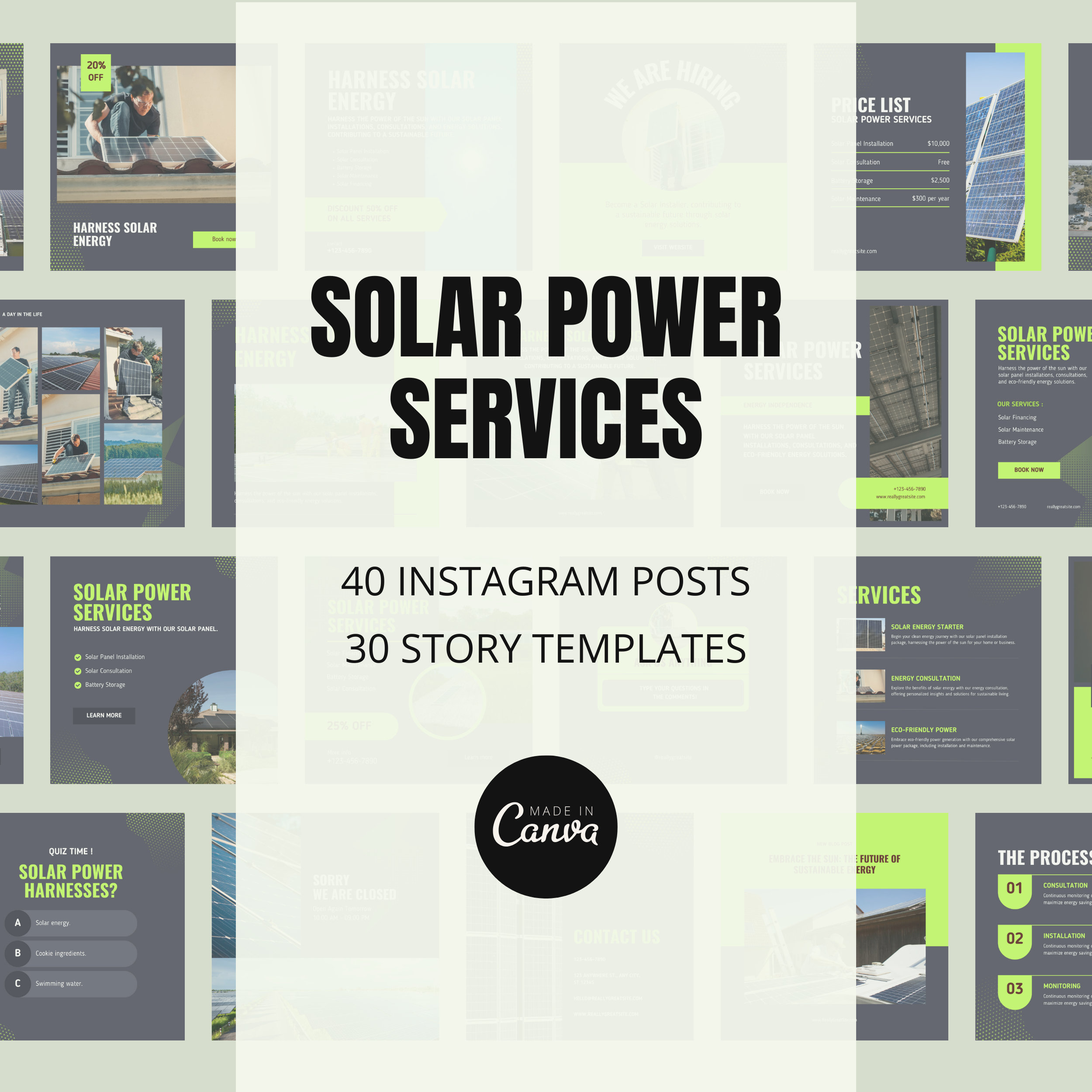 70 modelli di post Instagram per servizi di energia solare per Canva, post sui social media di energia solare, modelli Canva di energia solare, post d