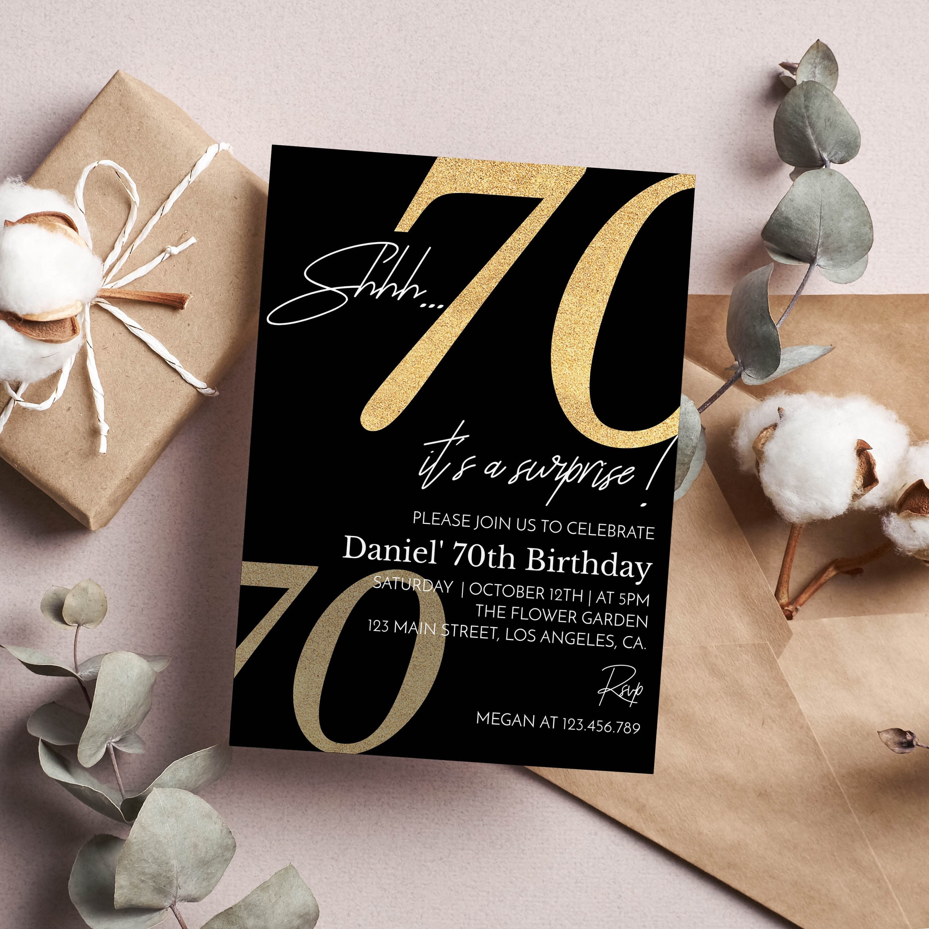 "Invito \"Shhh, è una sorpresa\", invito per il 70o compleanno per donne, invito per compleanno adulti, invito per compleanno a sorpresa, modello modific"