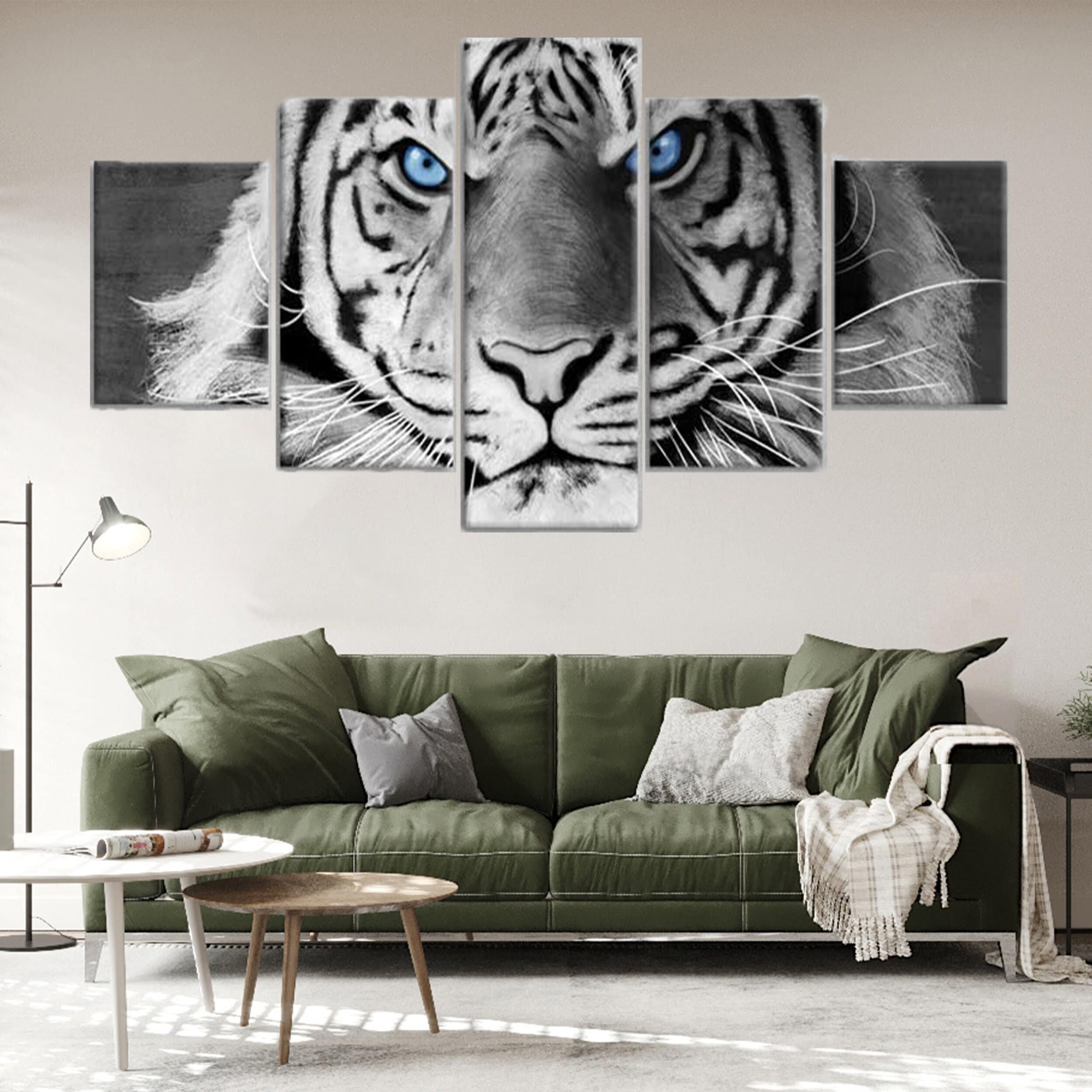 Tiger Blue Eyes Black and White 5 Piece Canvas Wall Art, Large Framed Wall Art, Extra Large Framed Wall Art, Wall Art Framed Modern Abstract
