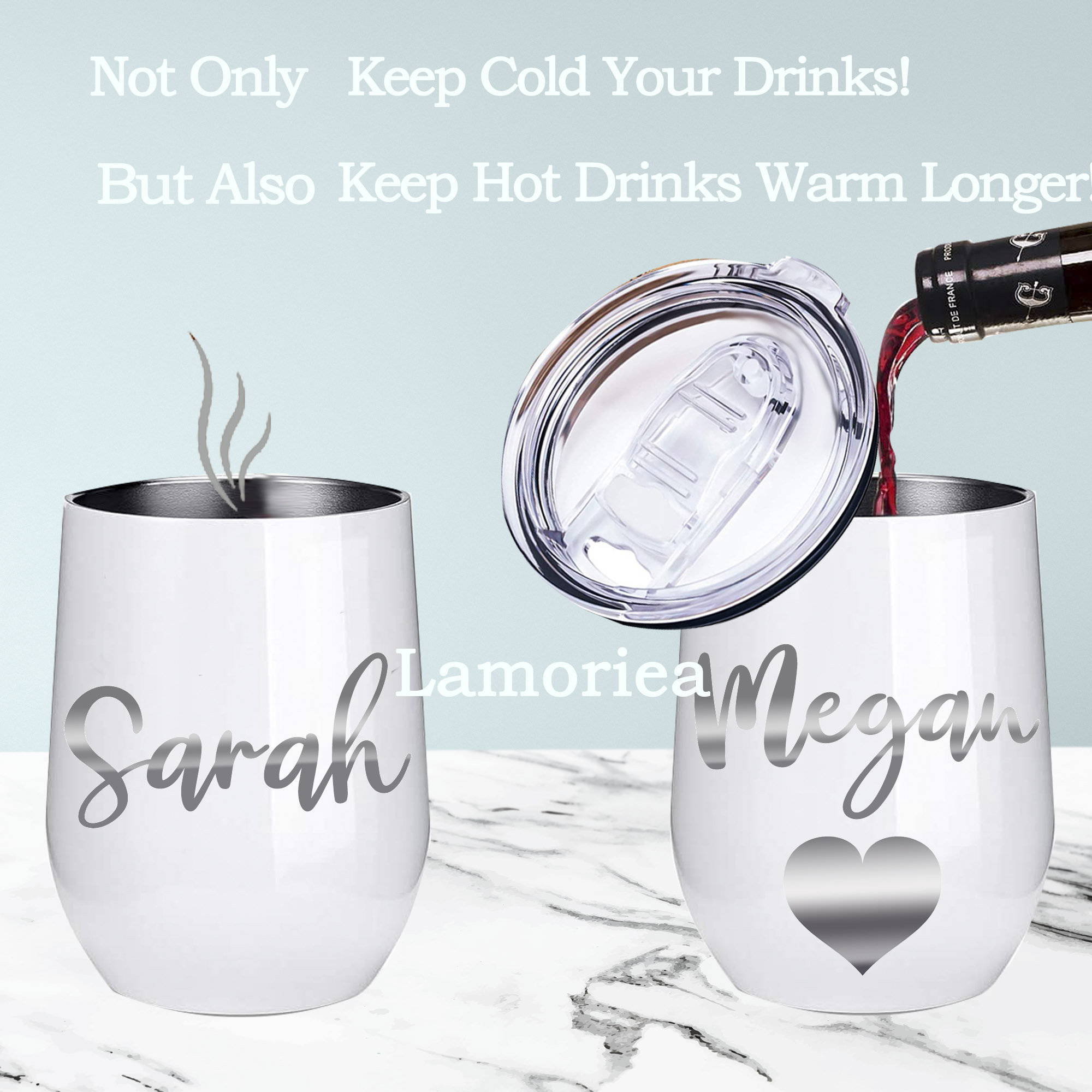 Bicchiere da vino personalizzato, bomboniera per addio al nubilato, bicchiere con monogramma, bicchiere termico senza stelo con coperchio e cannuccia