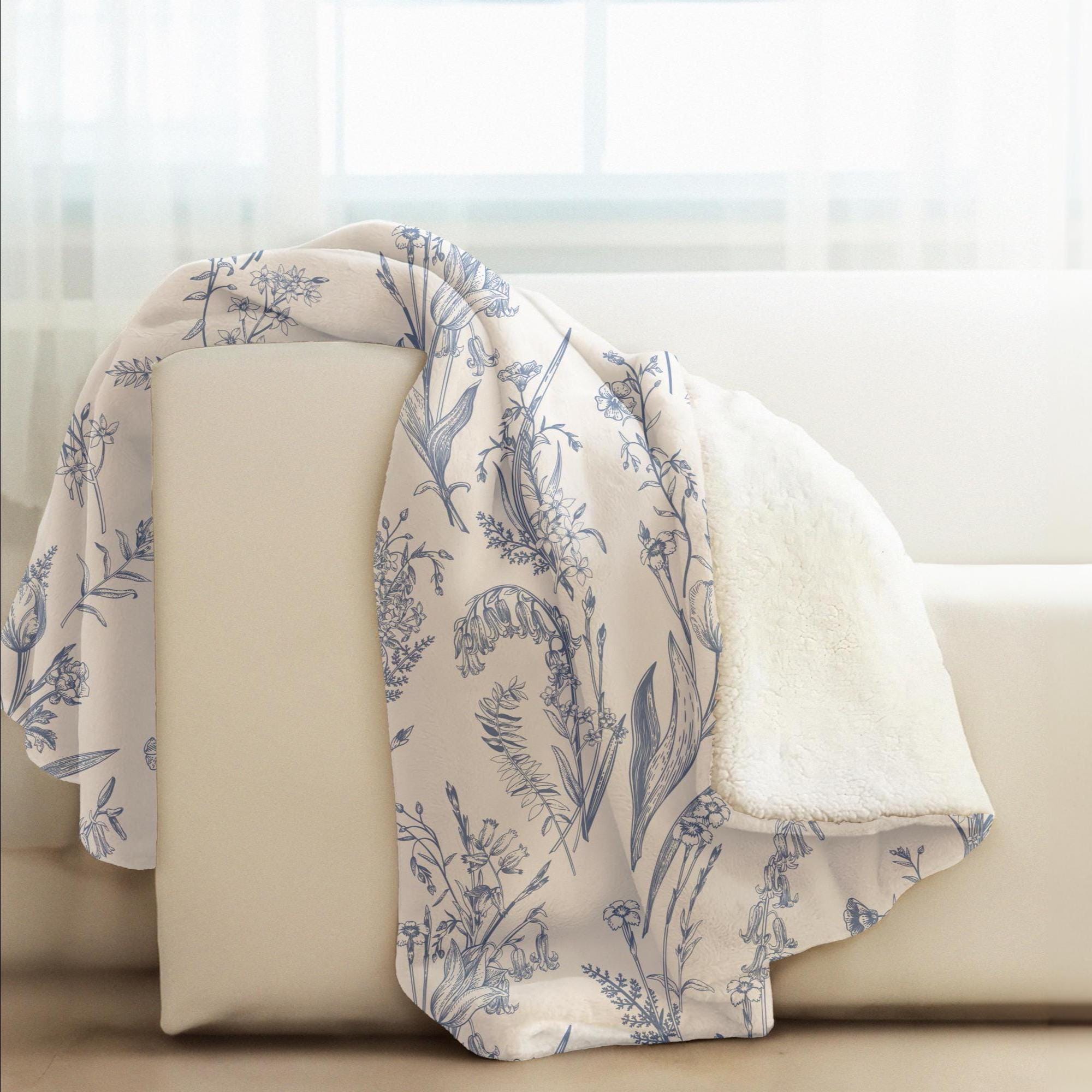 Coperta Sherpa floreale blu, coperta Sherpa Cottagecore, coperta in pile Sherpa, bellissime coperte, coperta floreale blu, regalo per la nuova casa, N