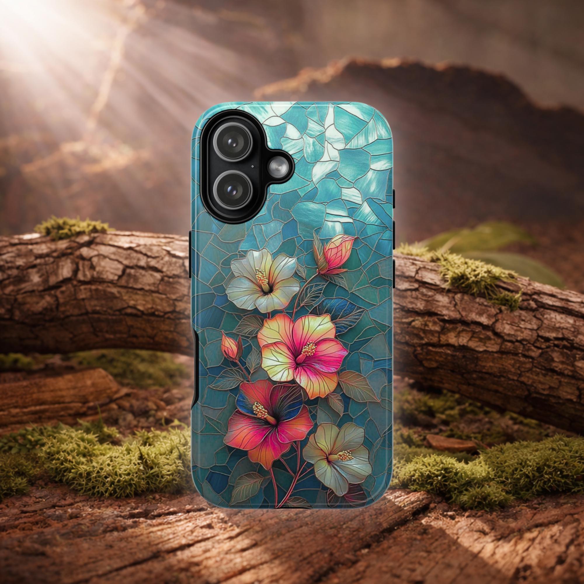 Custodia per telefono con motivo ibisco, custodia con motivo floreale a mosaico, cover per iPhone e Samsung in vetro colorato