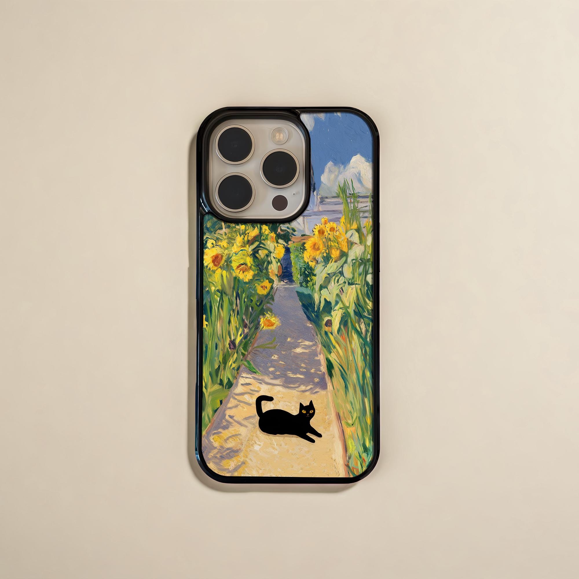 Custodia per iPhone a forma di gatto, custodia per telefono a forma di gatto con giardino di girasoli, cover per telefono a forma di gatto nero, regal