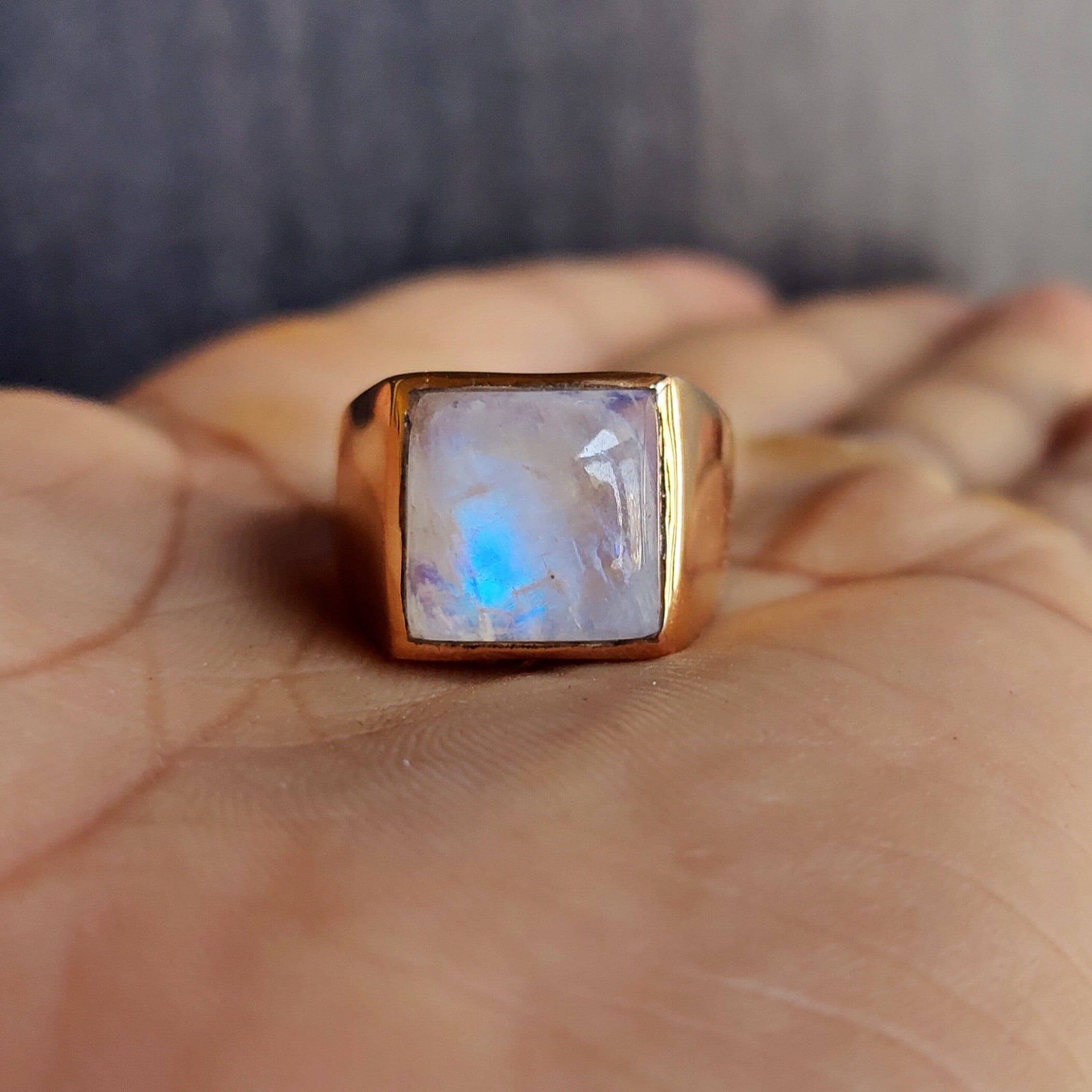 Anello con pietra di luna arcobaleno naturale, anello da uomo e da donna con pietra di luna, anello in argento sterling 925, anello con sigillo, anell
