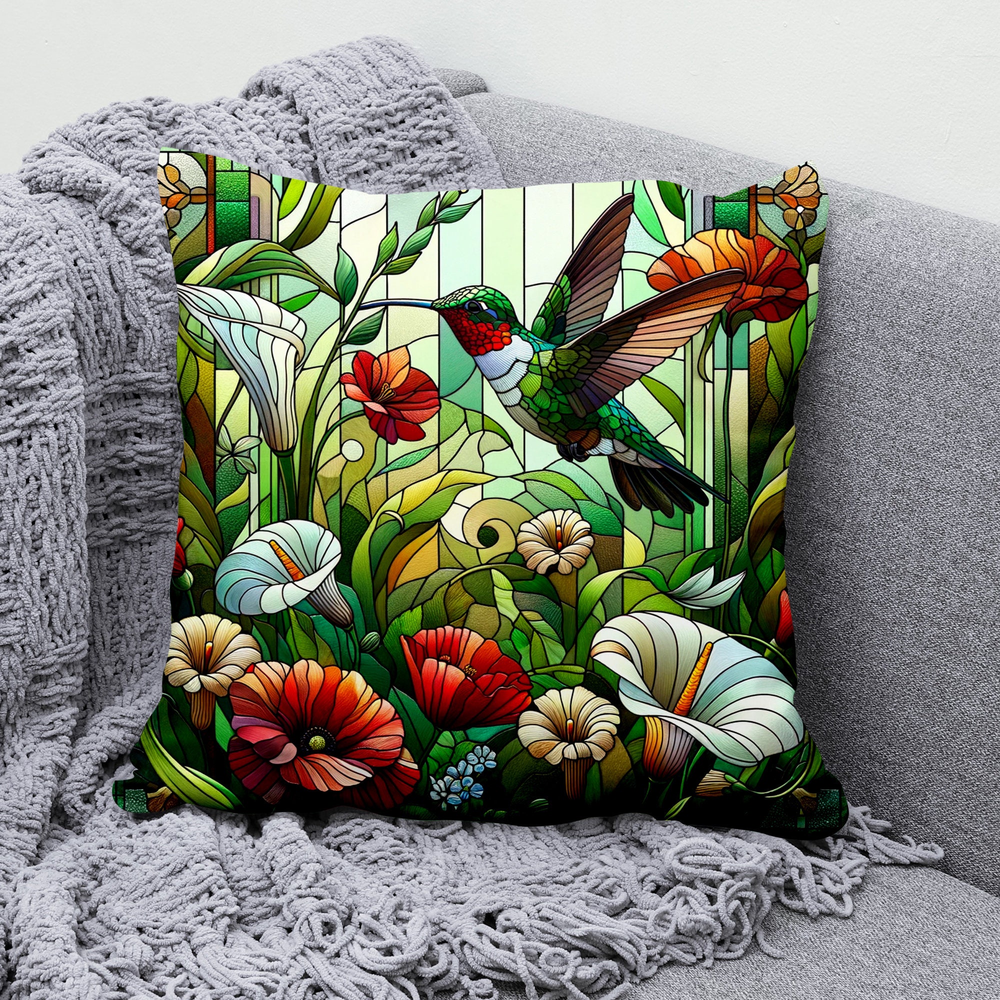 Federa per cuscino con colibrì, federa per cuscino in stile vetro colorato, federa per cuscino con fiori colorati, federa per cuscino con decorazione