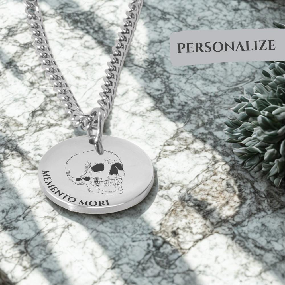 Ciondolo teschio Memento Mori in acciaio inossidabile personalizzato, collana con ciondolo teschio, collana gotica unisex, gioiello alternativo fatto